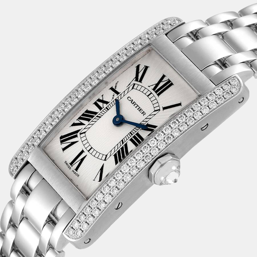 

Cartier Silver Diamonds 18K White Gold Tank Americaine WB7018L1 Women's Wristwatch 19 mm