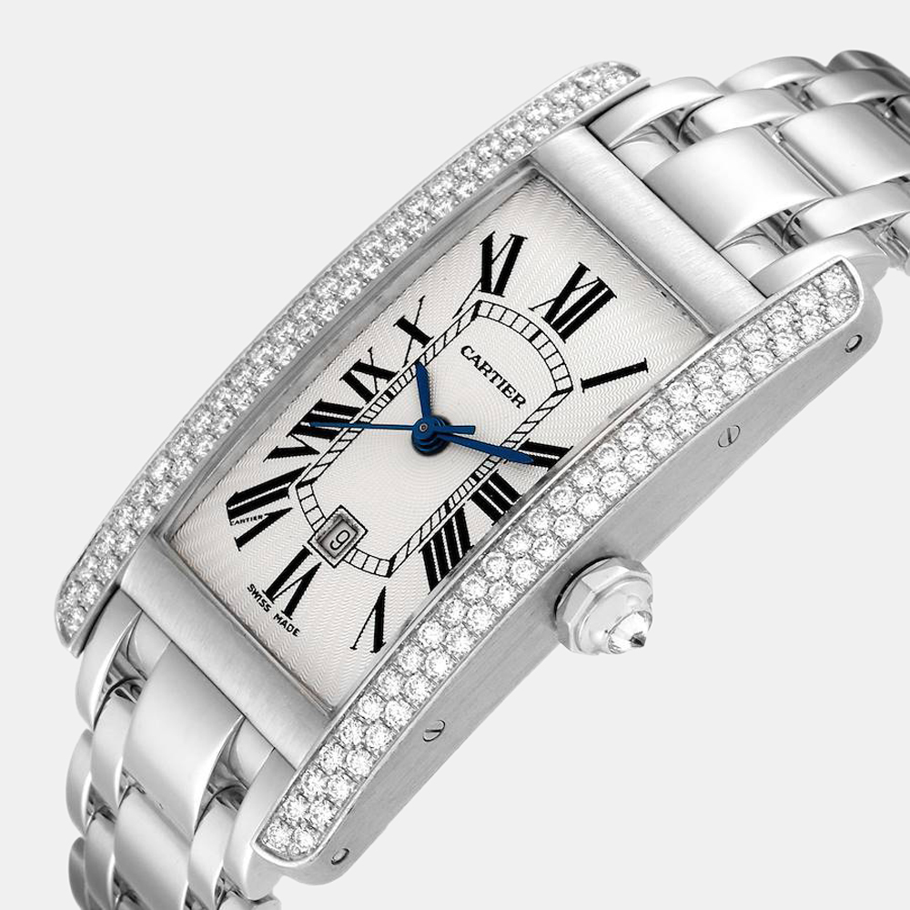 

Cartier Silver Diamonds 18K White Gold Tank Americaine WB7026L1 Women's Wristwatch 23 mm