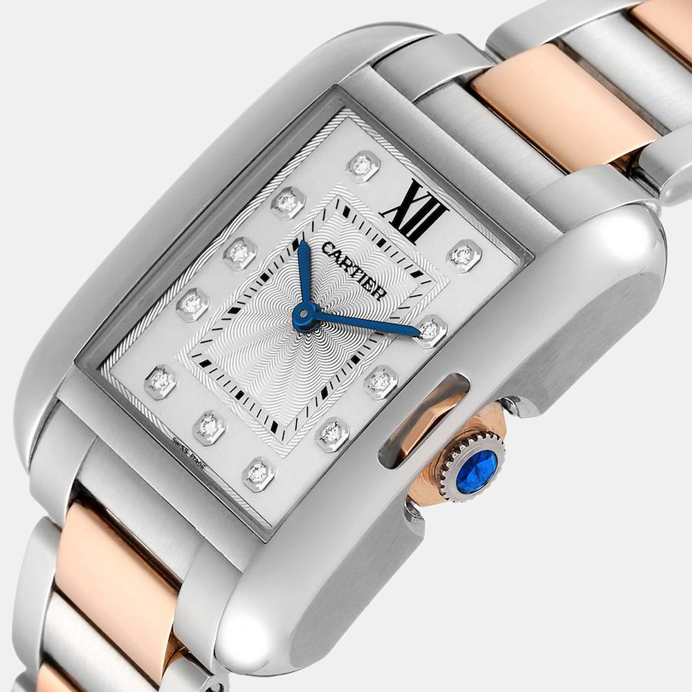 

Cartier Silver Diamonds 18K Rose Gold And Stainless Steel Tank Anglaise WT100032 Women's Wristwatch 26 mm