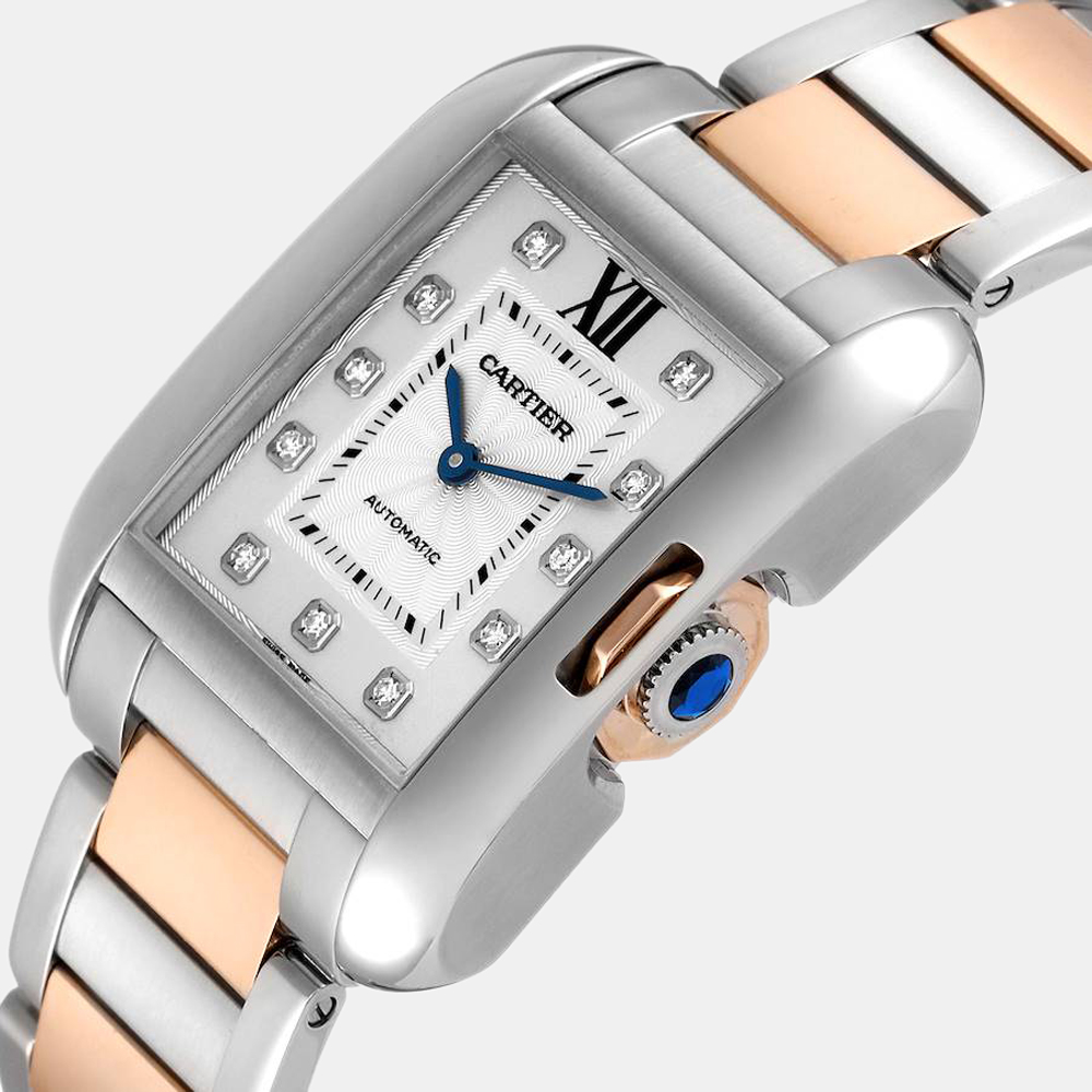 

Cartier Silver Diamonds 18K Rose Gold And Stainless Steel Tank Anglaise WT100025 Women's Wristwatch 29 mm