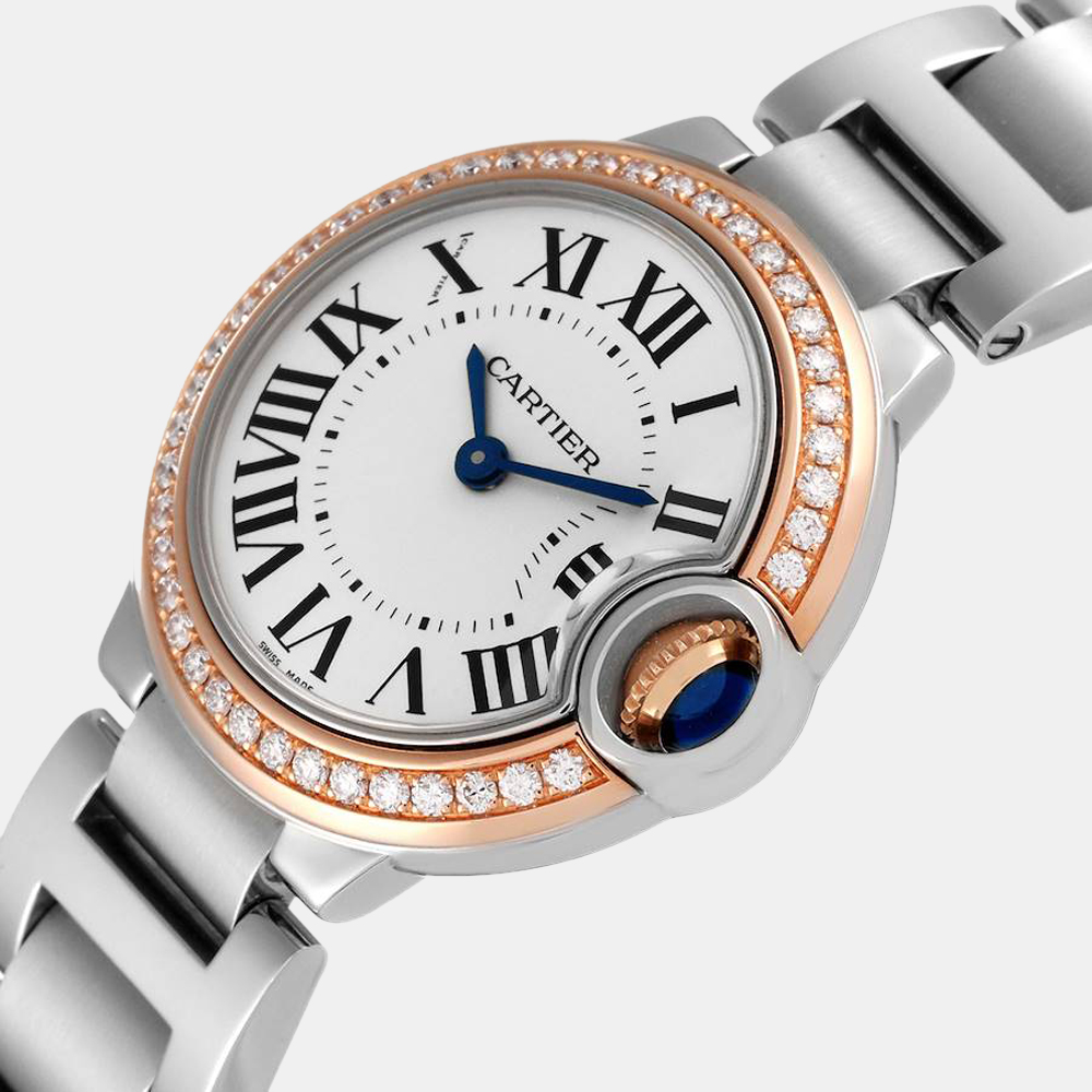 

Cartier Silver Diamonds 18K Rose Gold And Stainless Steel Ballon Bleu WE902079 Women's Wristwatch 28 mm