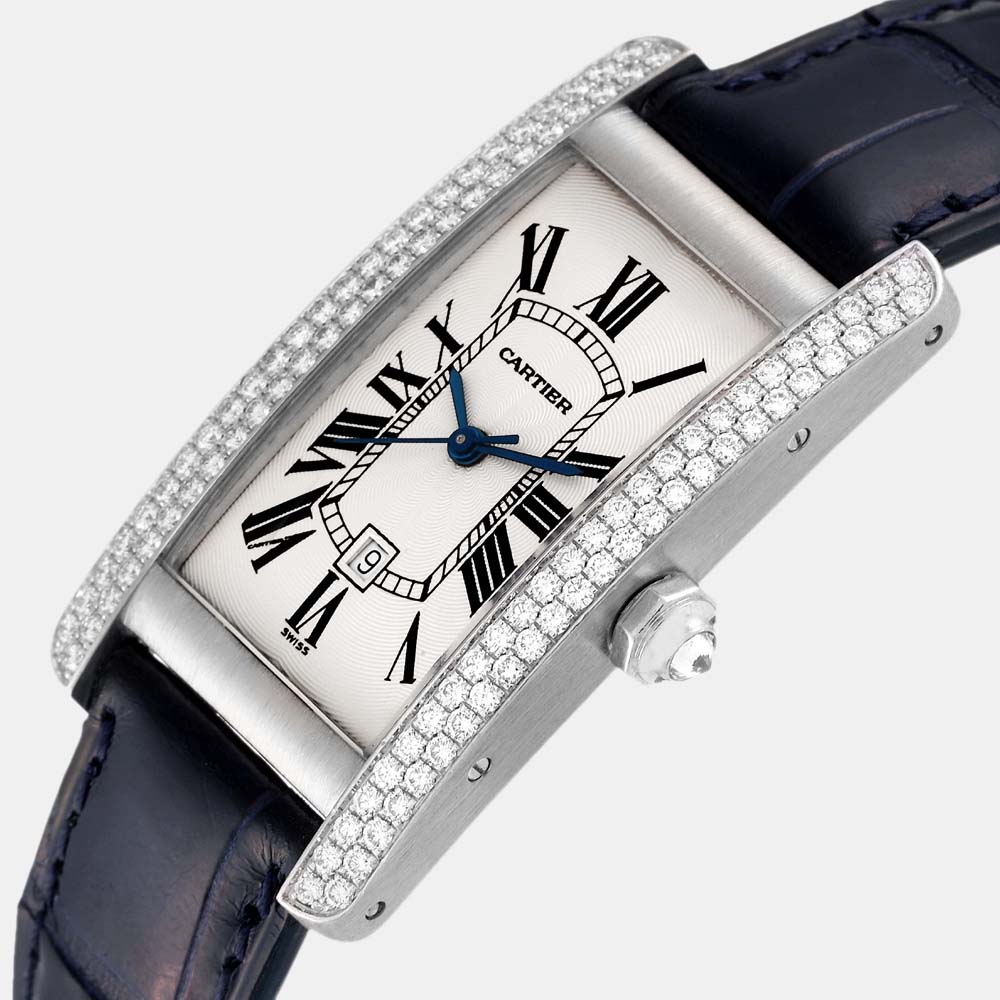 

Cartier Silver Diamonds 18k White Gold Tank Americaine 1726 Automatic Women's Wristwatch 23 mm