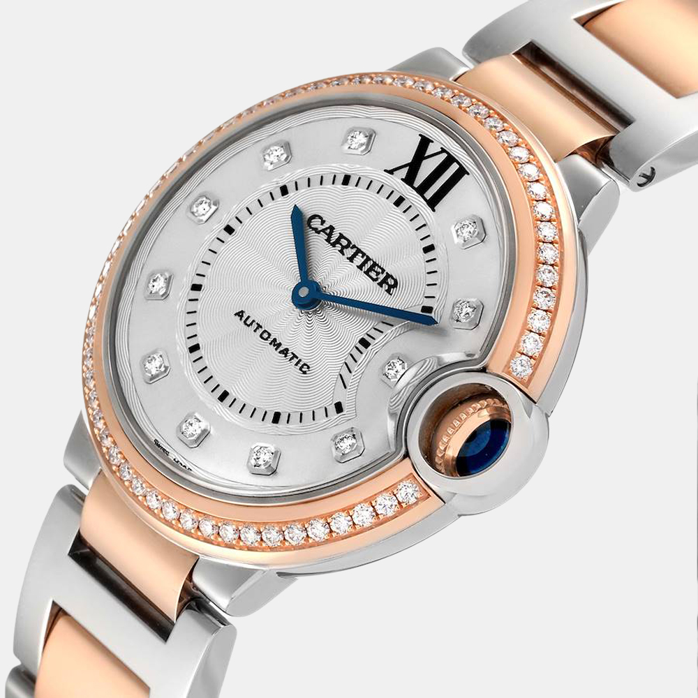 

Cartier Silver Diamond 18K Rose Gold And Stainless Steel Ballon Bleu Automatic Women's Wristwatch 36 mm