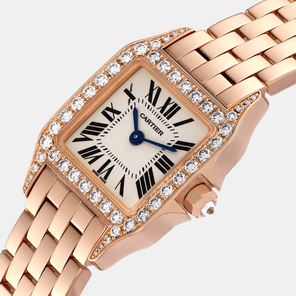 

Cartier Silver Diamond 18K Rose Gold Santos Demoiselle 2794 Quartz Women's Wristwatch 20 mm