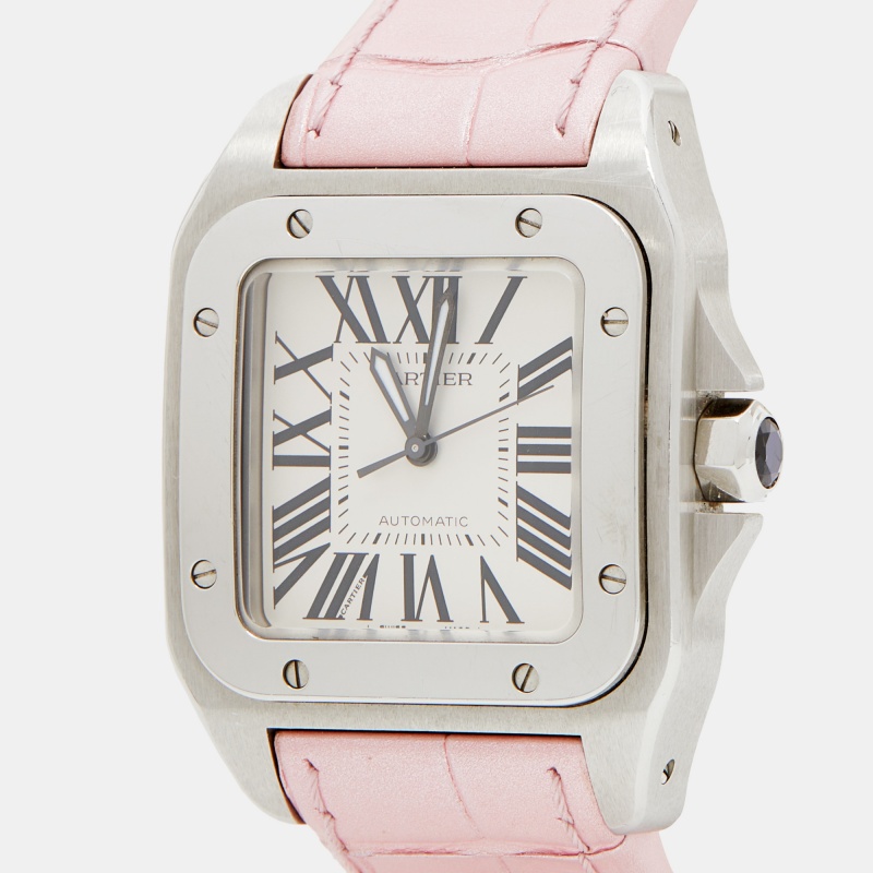 

Cartier White Stainless Steel Alligator Leather Santos, Pink