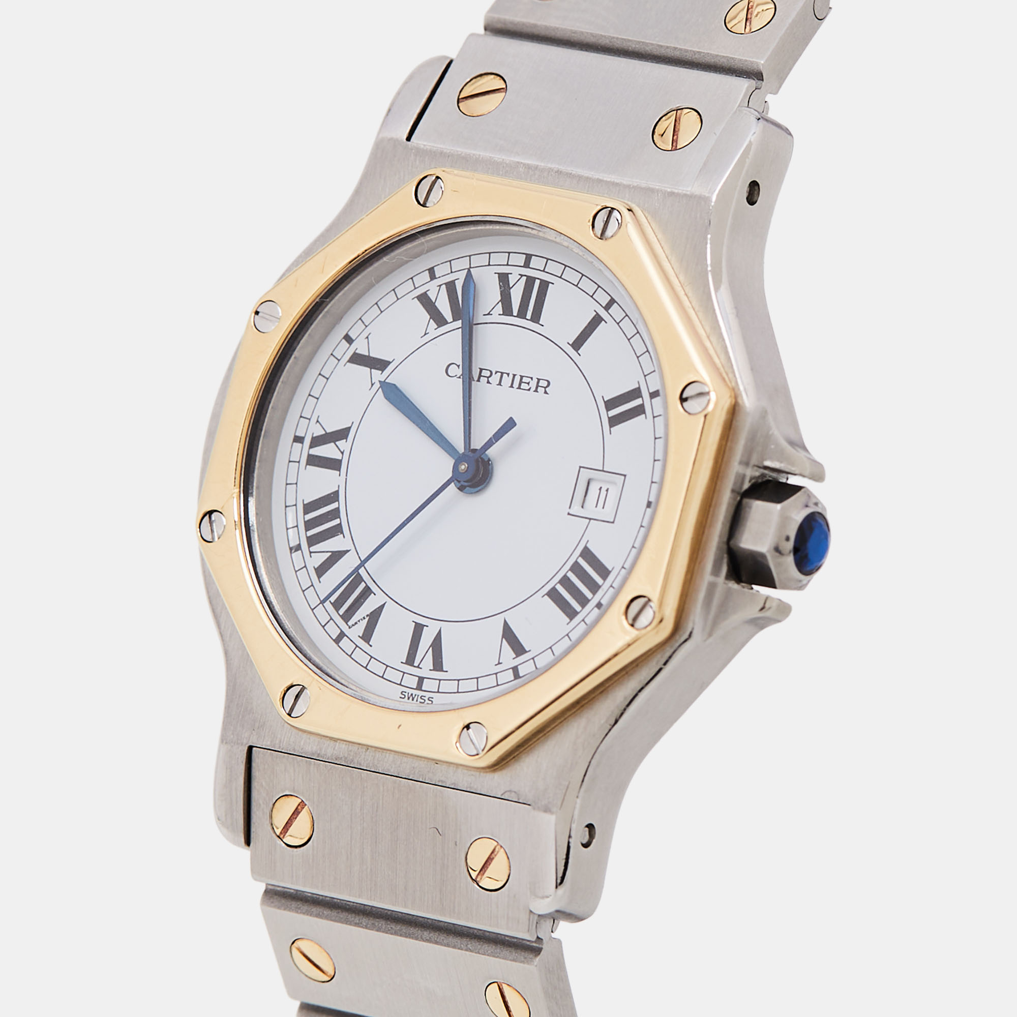 Cartier White 18k Yellow Gold Stainless Steel Santos Ronde Women's Wristwatch 30 mm  - buy with discount