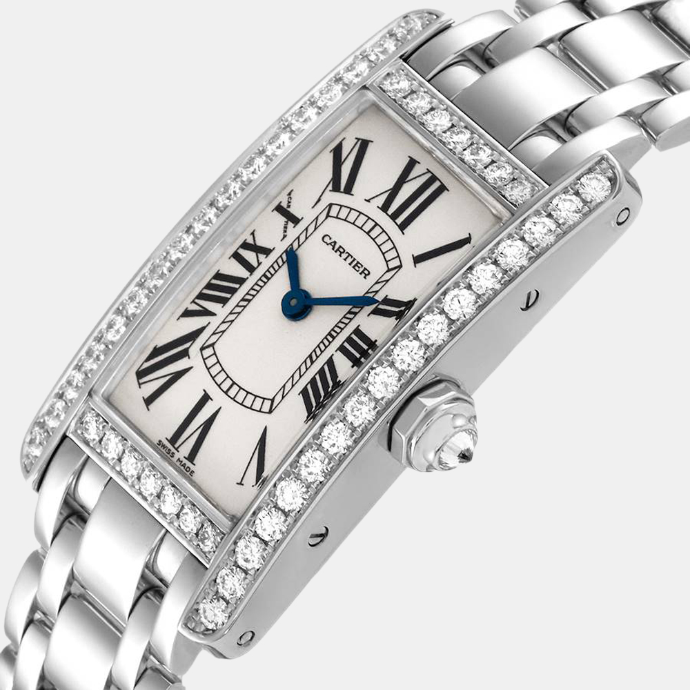 

Cartier Silver Diamond 18k White Gold Tank Americaine WB7073L1 Quartz Women's Wristwatch 19 mm