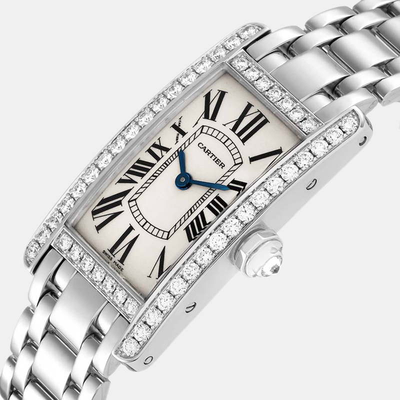 

Cartier Silver Diamond 18k White Gold Tank Americaine WB7018L1 Quartz Women's Wristwatch 19 mm