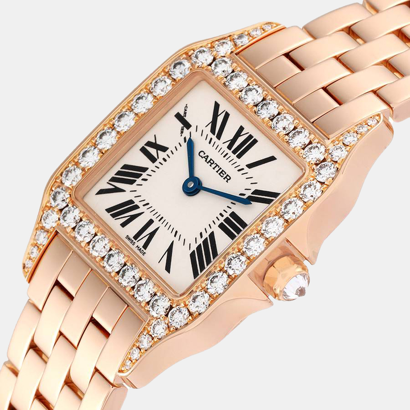 

Cartier Silver Diamond 18k Rose Gold Santos Demoiselle WF9007Z8 Quartz Women's Wristwatch 28 mm