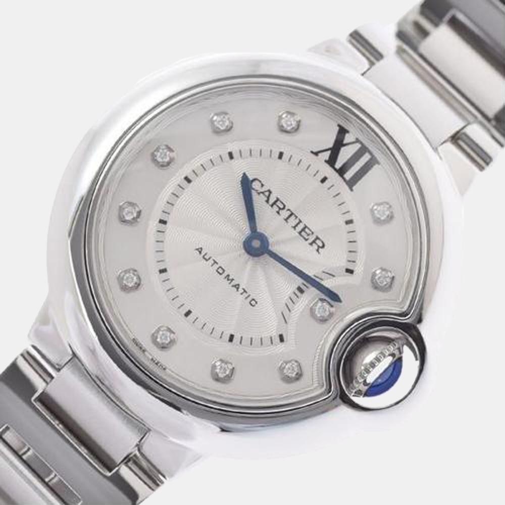 

Cartier Silver Diamond Stainless Steel Ballon Bleu WE902074 Automatic Women's Wristwatch 33 mm
