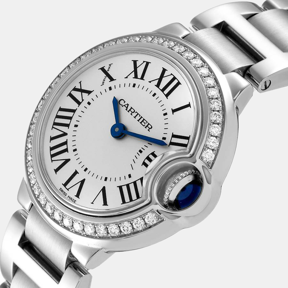 

Cartier Silver Diamond Stainless Steel Ballon Bleu W4BB0015 Quartz Women's Wristwatch 28 mm