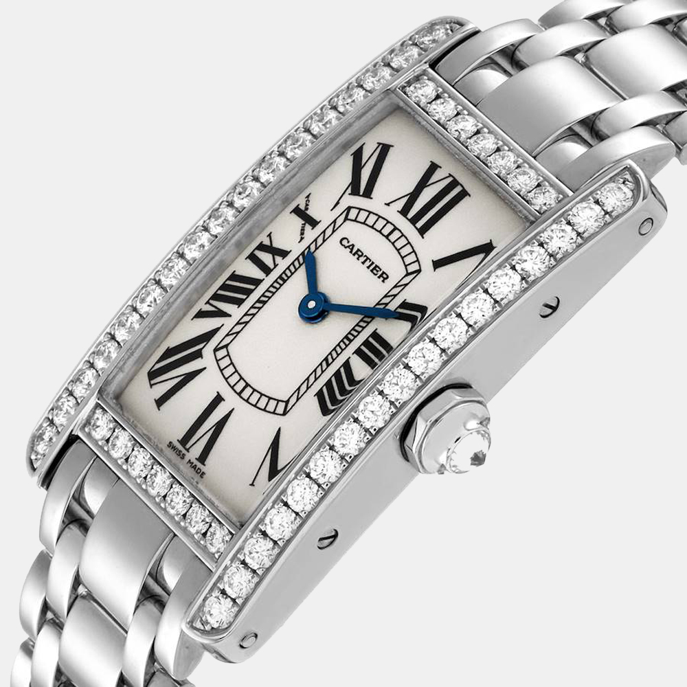 

Cartier Silver Diamond 18k White Gold Tank Americaine WB7073L1 Quartz Women's Wristwatch 19 mm