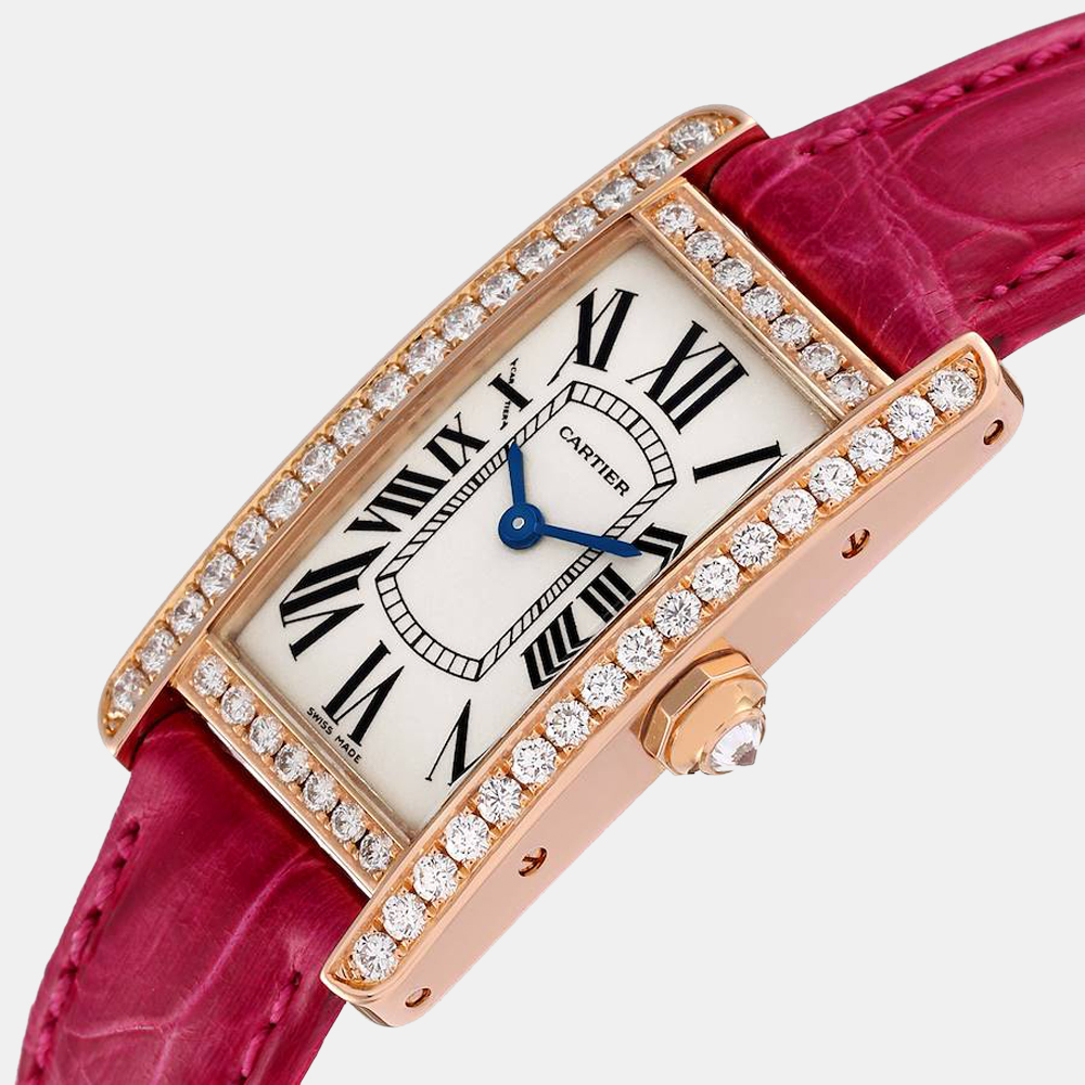

Cartier Silver Diamond 18k Rose Gold Tank Americaine 2503 Quartz Women's Wristwatch 19 mm
