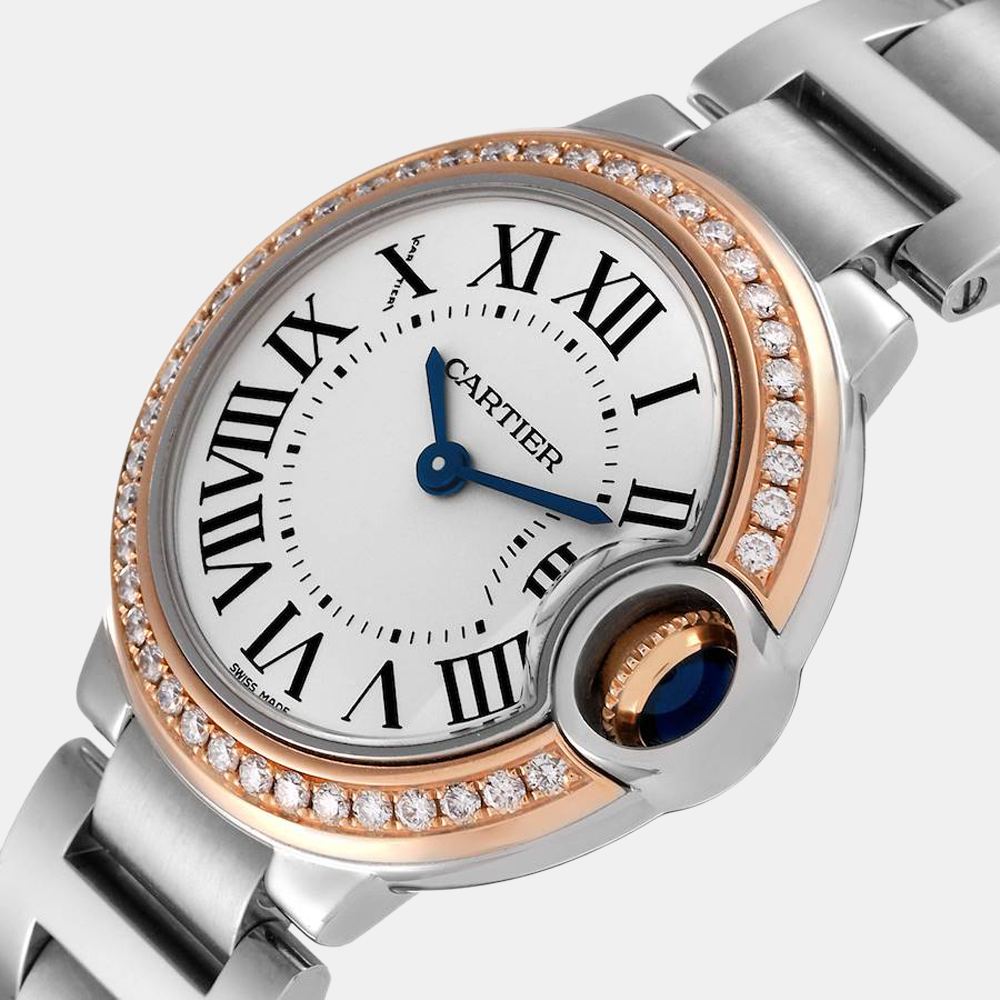 

Cartier Silver Diamond 18k Rose Gold And Stainless Steel Ballon Bleu WE902079 Quartz Women's Wristwatch 28 mm
