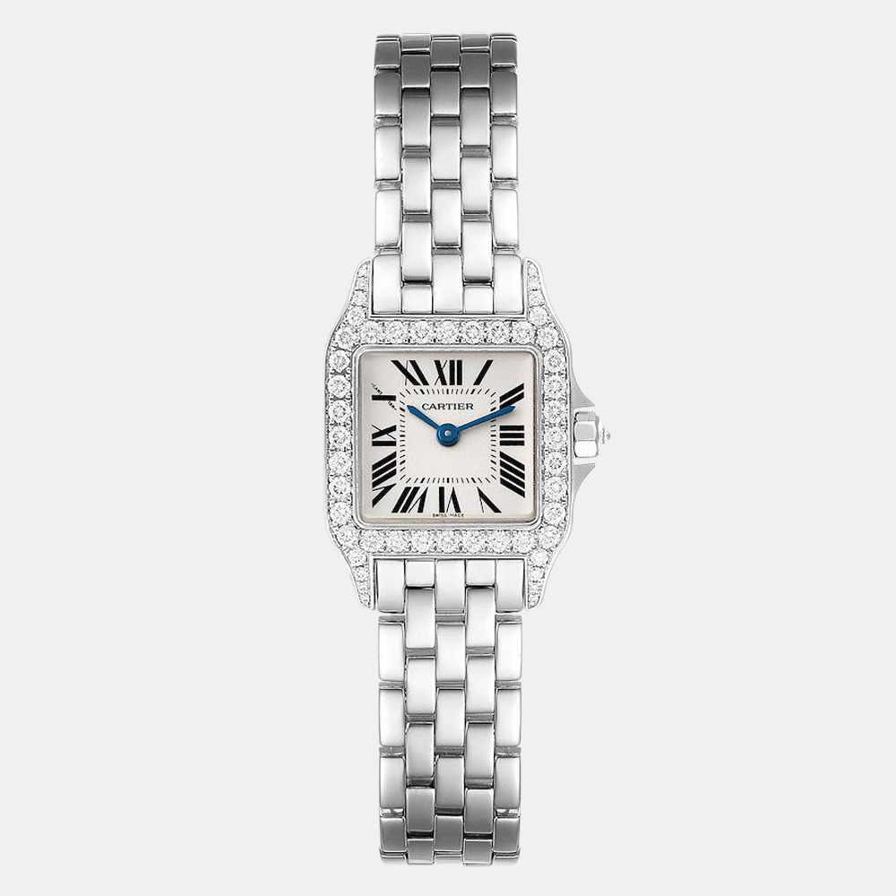 

Cartier Silver Diamond 18k White Gold Santos Demoiselle WF9003Y8 Quartz Women's Wristwatch 22 mm