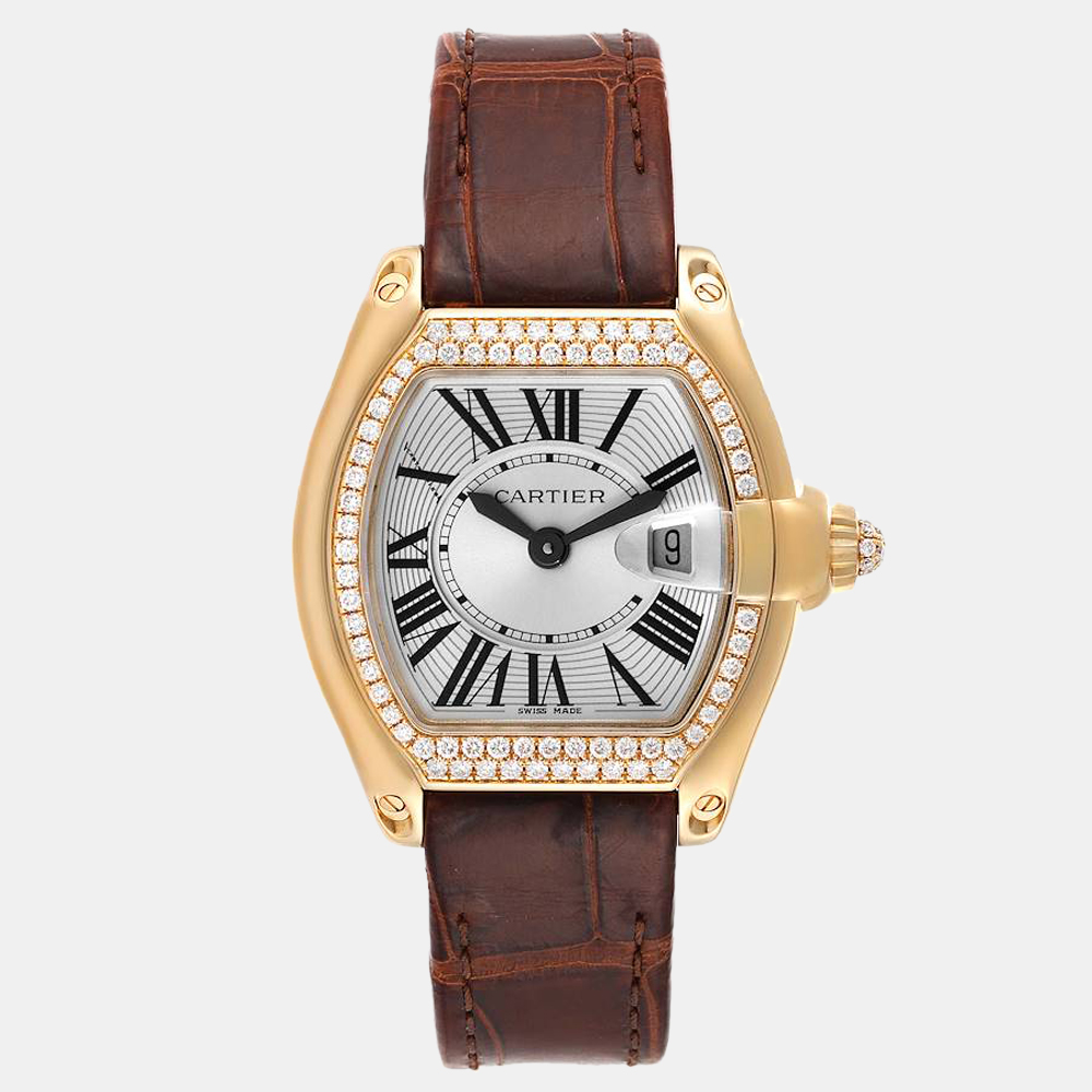 Pre-owned Cartier Silver Diamond 18k Yellow Gold Roadster We500160 Quartz Women's Wristwatch 37 Mm