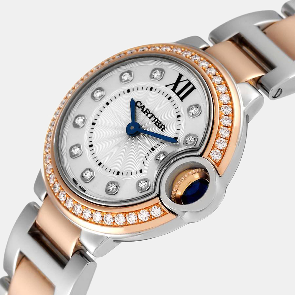 

Cartier Silver Diamond 18k Rose Gold And Stainless Steel Ballon Bleu W3BB0009 Quartz Women's Wristwatch 28 mm
