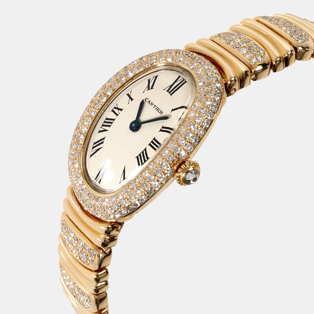 

Cartier Silver Diamond 18k Yellow Gold Baignoire 1186 Quartz Women's Wristwatch 22 mm