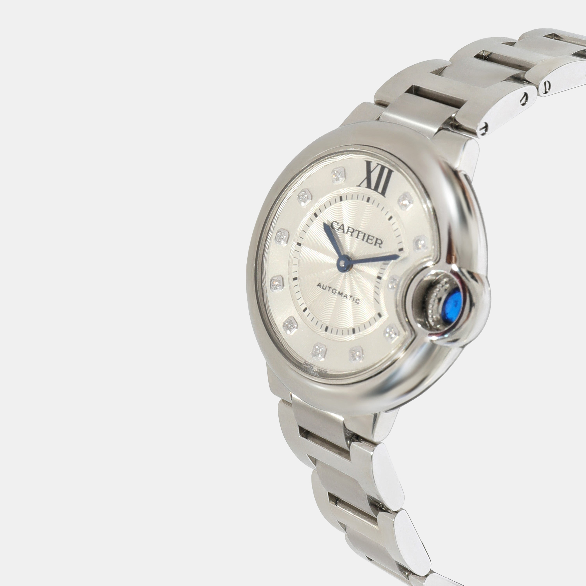 

Cartier Silver Diamond Stainless Steel Ballon Bleu W4BB0021 Automatic Women's Wristwatch 33 mm