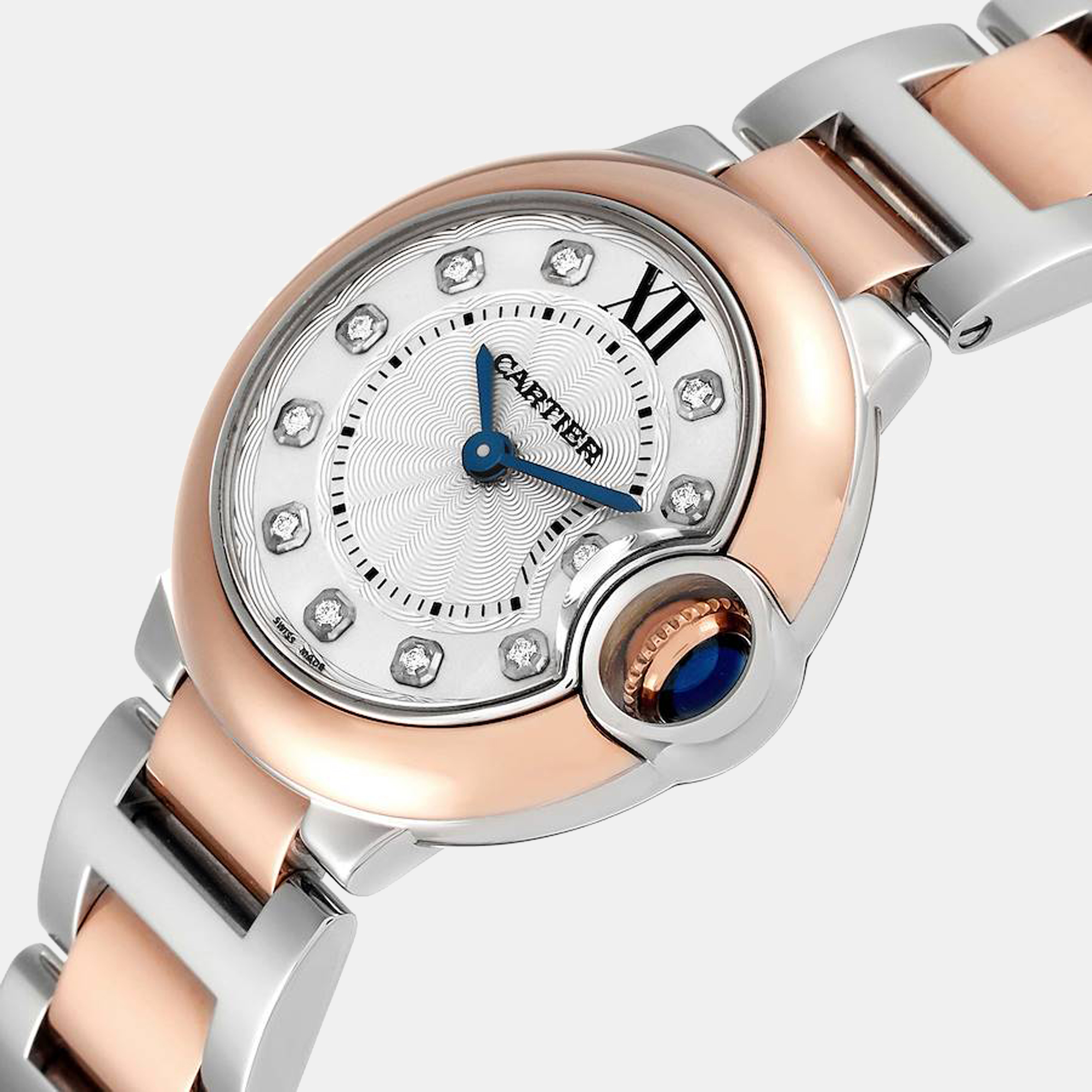 

Cartier Silver Diamond 18k Rose Gold And Stainless Steel Ballon Bleu W3BB0005 Quartz Women's Wristwatch 28 mm