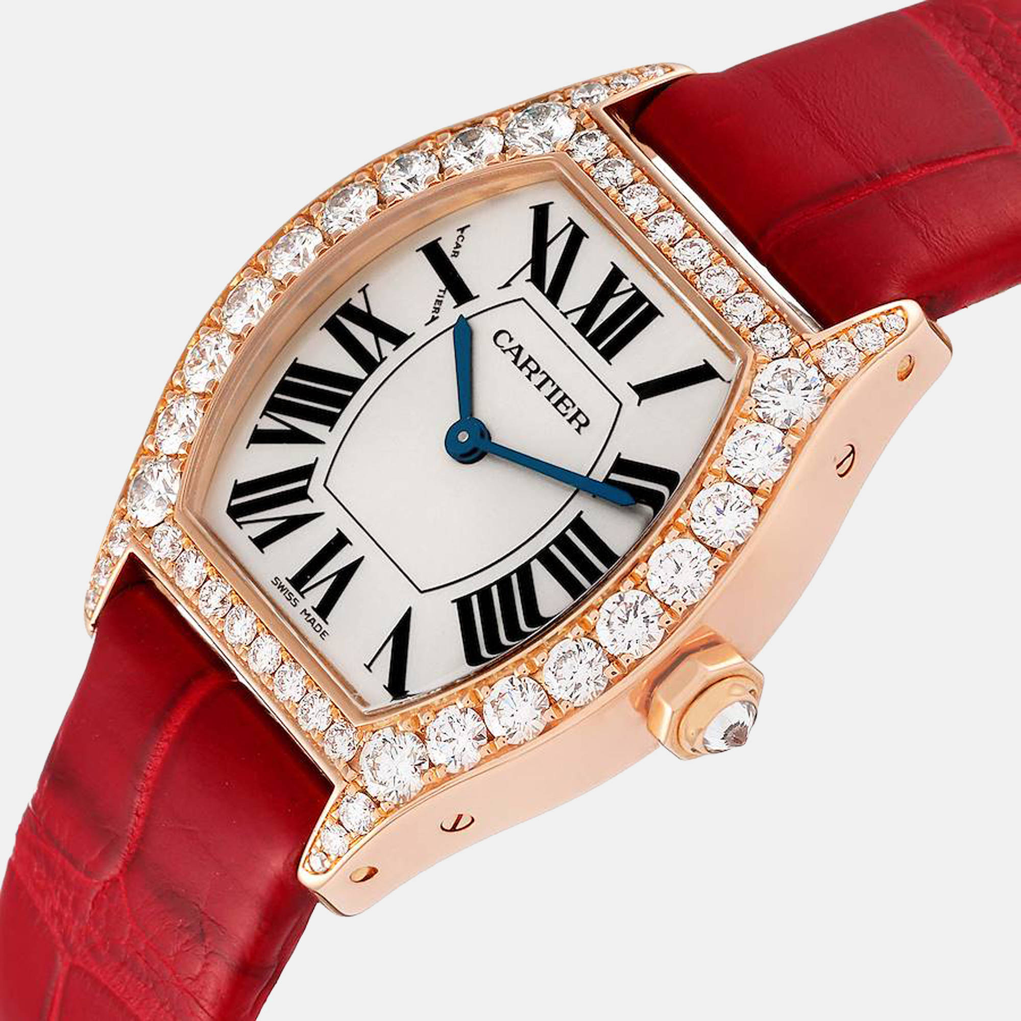 

Cartier Silver Diamond 18k Rose Gold Tortue 2645 Manual Winding Women's Wristwatch 28 mm