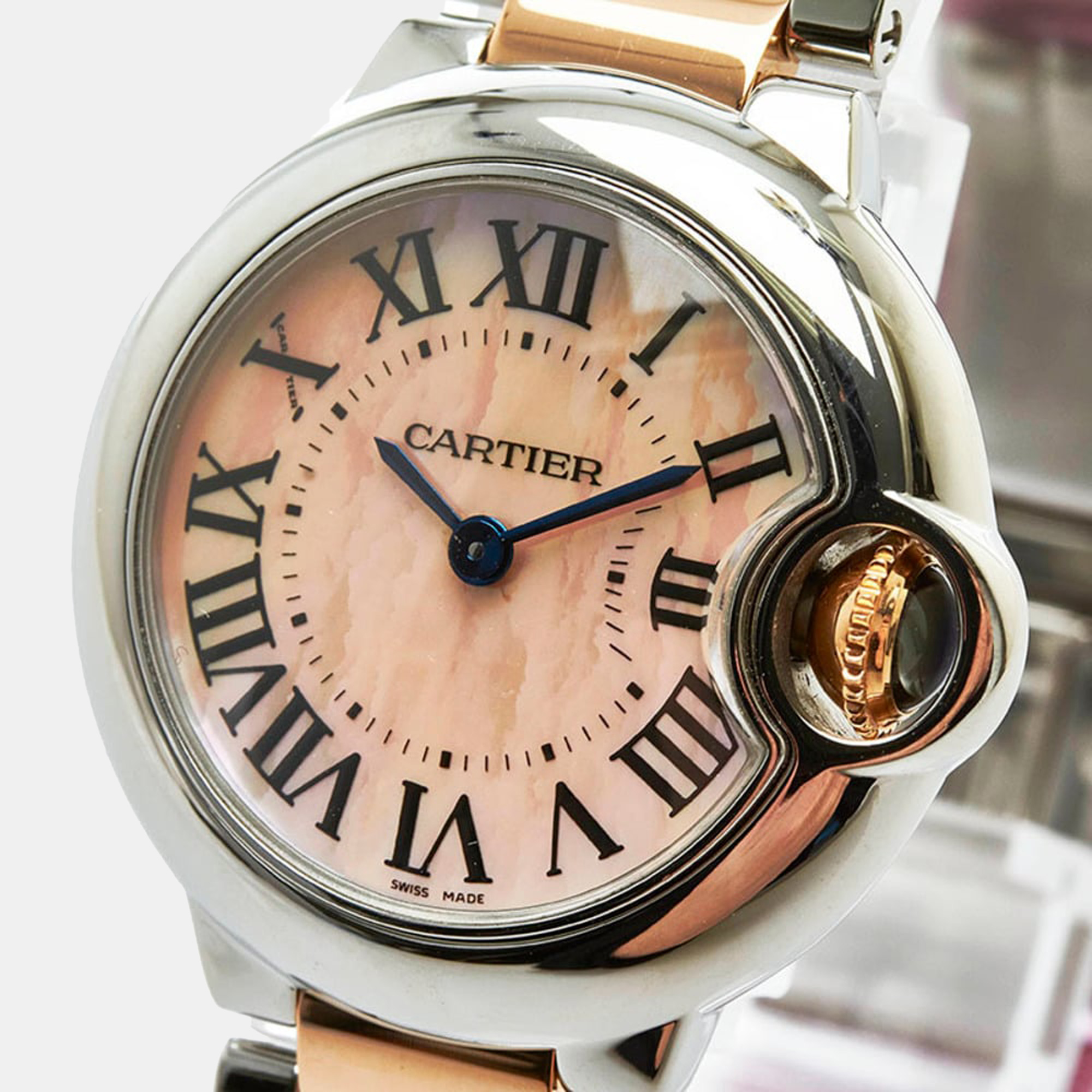 

Cartier Pink Shell 18k Rose Gold And Stainless Steel Ballon Bleu W6920034 Quartz Women's Wristwatch 28 mm