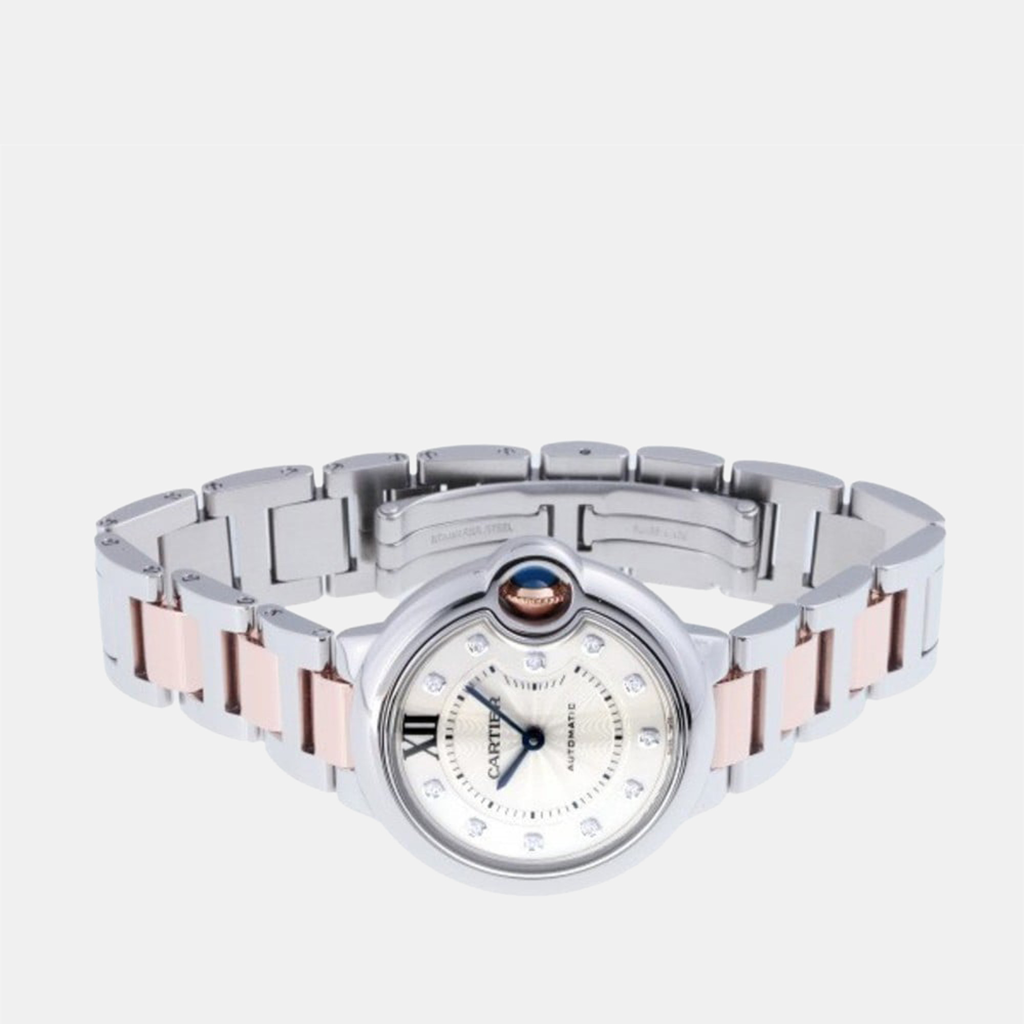 

Cartier Silver Diamond 18k Rose Gold And Stainless Steel Ballon Bleu WE902044 Automatic Women's Wristwatch 33 mm