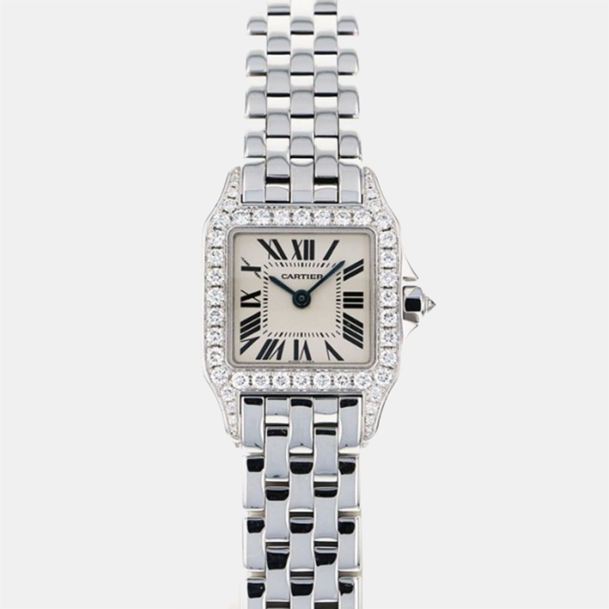Pre-owned Cartier Silver Diamond 18k White Gold Santos Demoiselle Wf9003y8 Quartz Women's Wristwatch 21 Mm