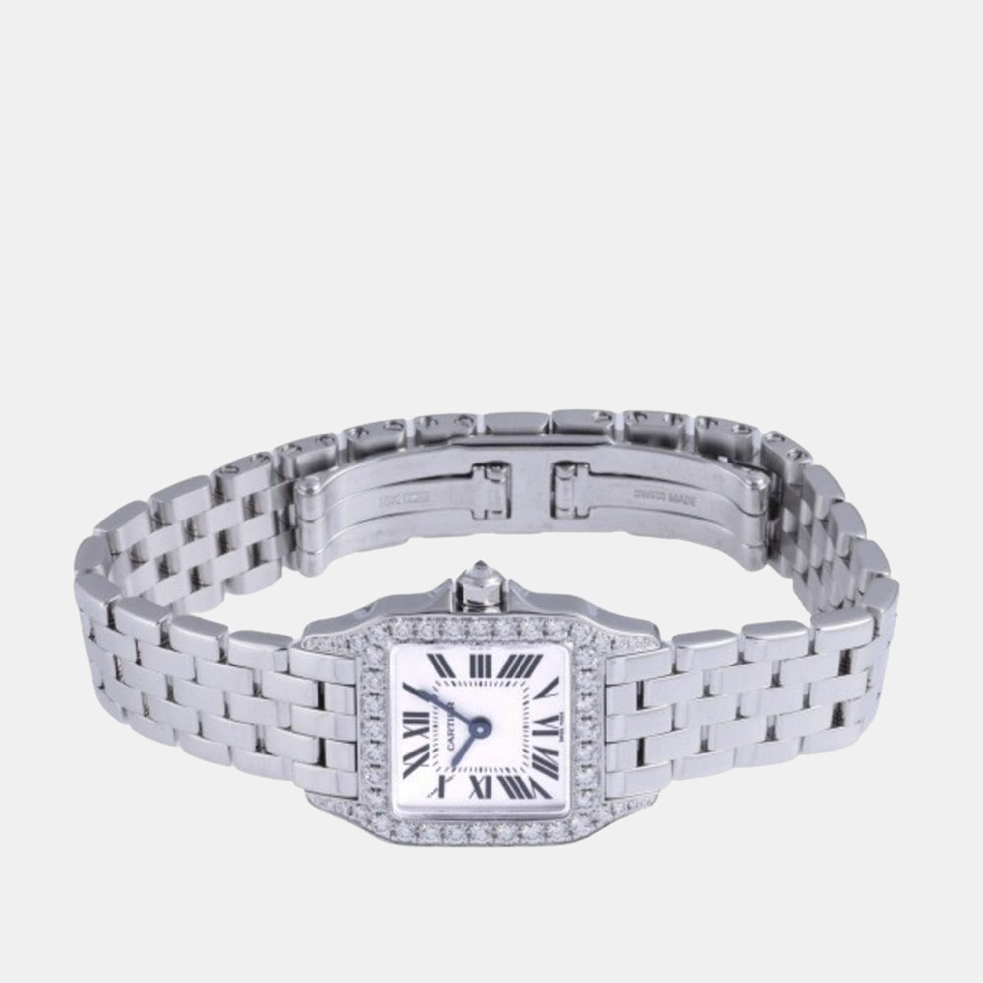 

Cartier Silver Diamond 18k White Gold Santos Demoiselle WF9003Y8 Quartz Women's Wristwatch 22 mm