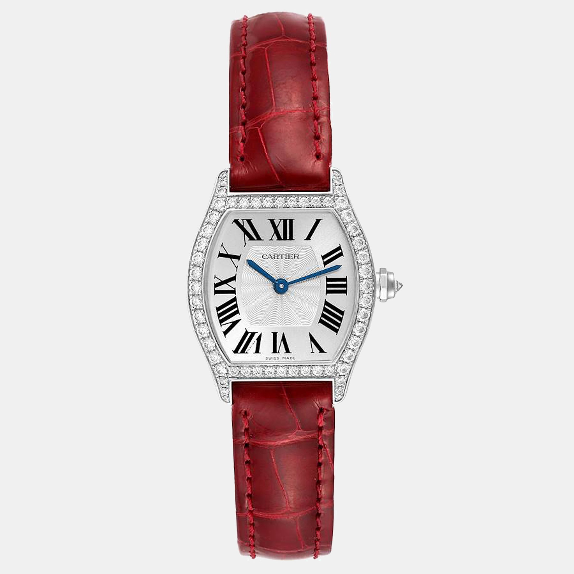 Pre-owned Cartier Silver Diamond 18k White Gold Tortue Wa501007 Manual Winding Women's Wristwatch 24 Mm
