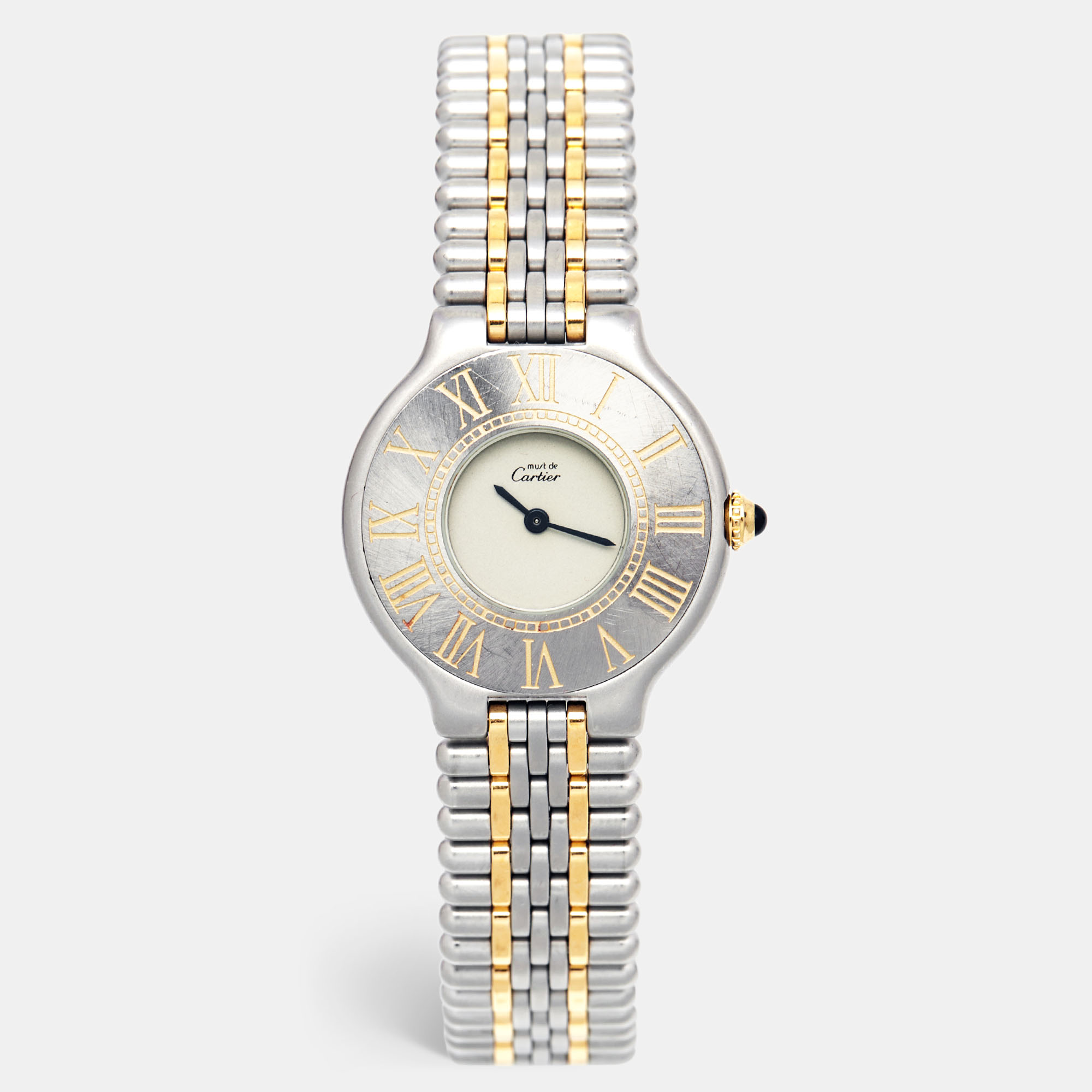 Pre Owned Cartier Cream 18k Yellow Gold Stainless Steel Must 21 9010 Women's Wristwatch 28 mm