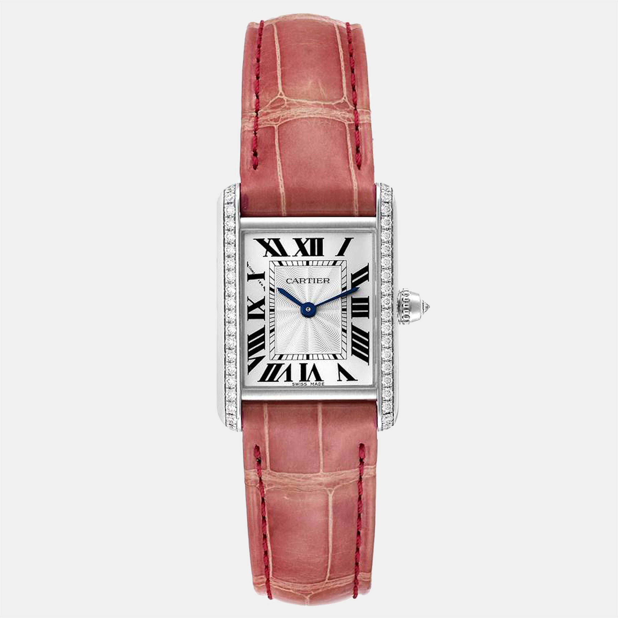 Pre-owned Cartier Silver Diamonds 18k White Gold Tank Louis Wjta0011 Women's Wristwatch 29.5 Mm