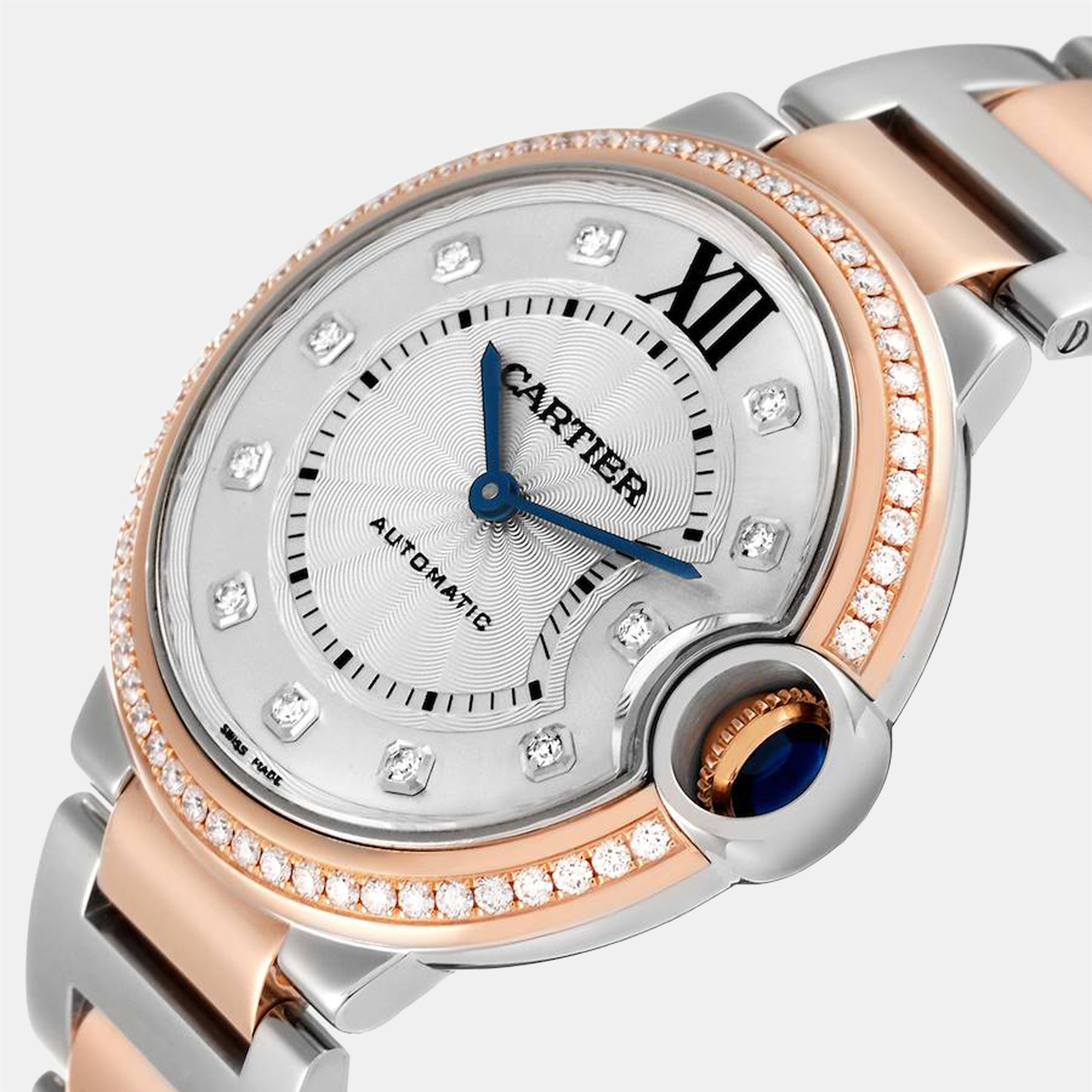 

Cartier Silver Diamonds 18K Rose Gold And Stainless Steel Ballon Bleu W3BB0004 Women's Wristwatch 42 mm