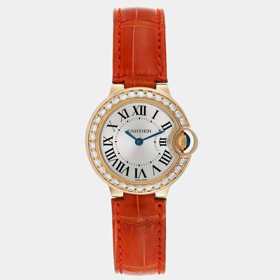 Pre-owned Cartier Silver Diamonds 18k Yellow Gold Ballon Bleu We900151 Automatic Women's Wristwatch 28 Mm