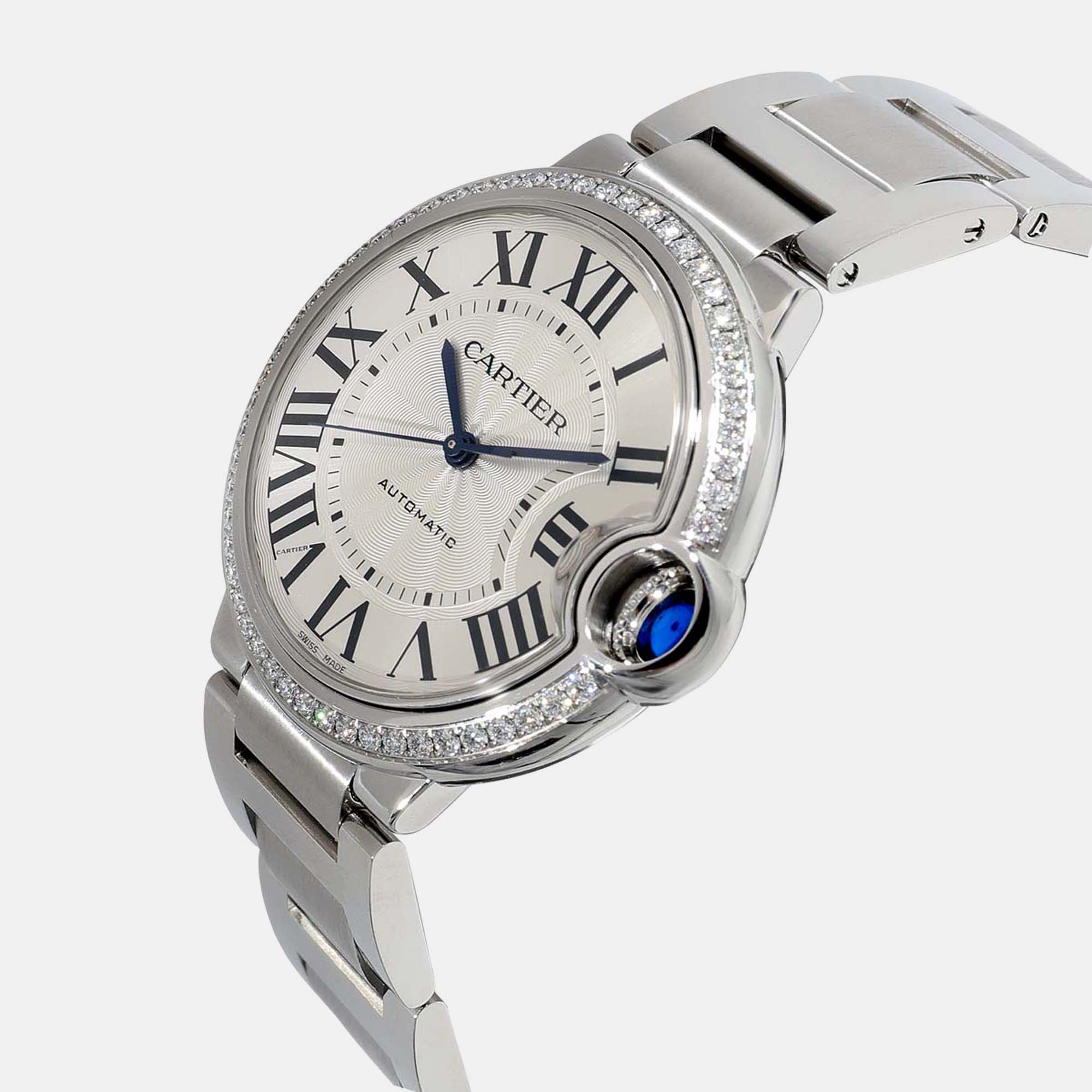 

Cartier Silver Diamonds Stainless Steel Ballon Bleu W4BB0024 Automatic Women's Wristwatch 36 mm