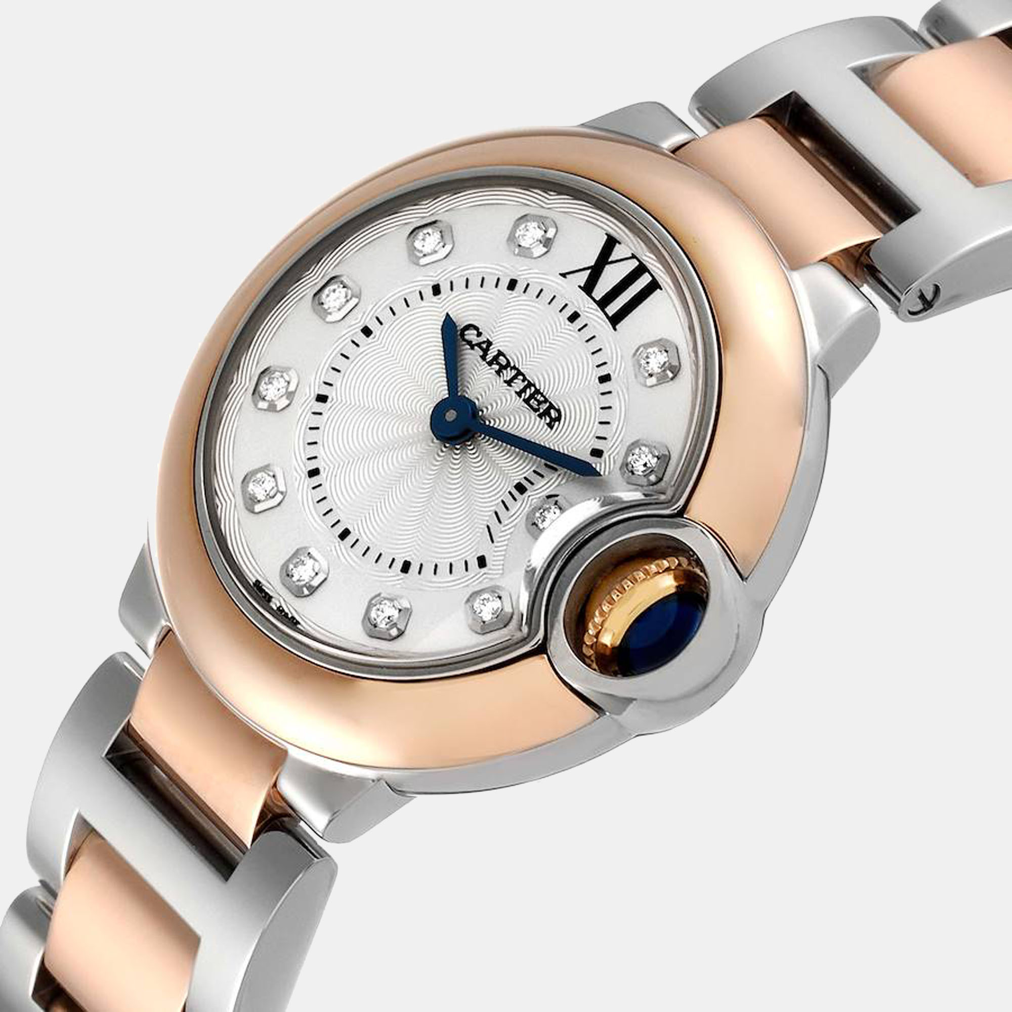 

Cartier Silver Diamonds 18K Rose Gold And Stainless Steel Ballon Bleu W3BB0005 Women's Wristwatch 28 mm
