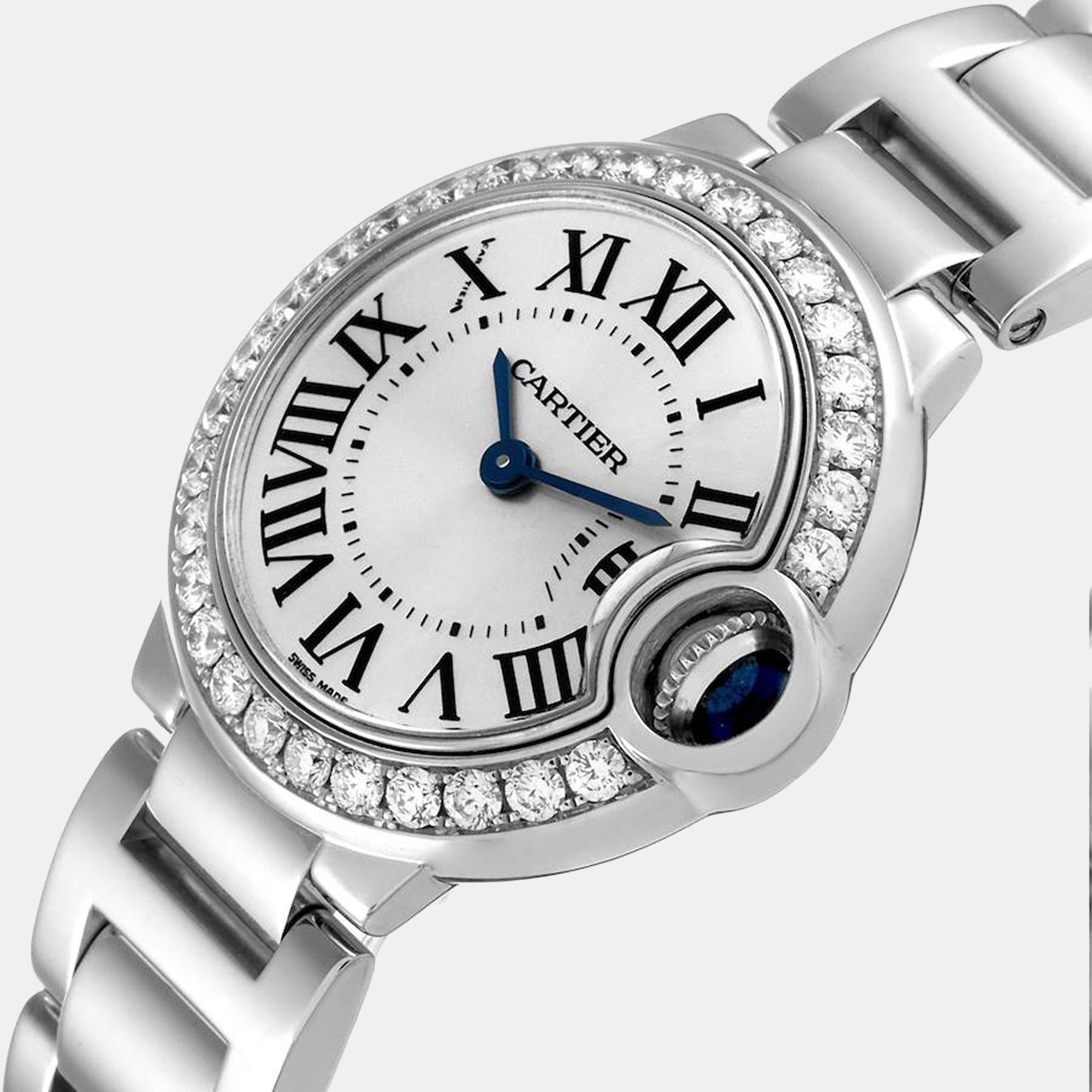 

Cartier Silver Diamonds 18k White Gold Ballon Bleu WE9003Z3 Women's Wristwatch 28 mm