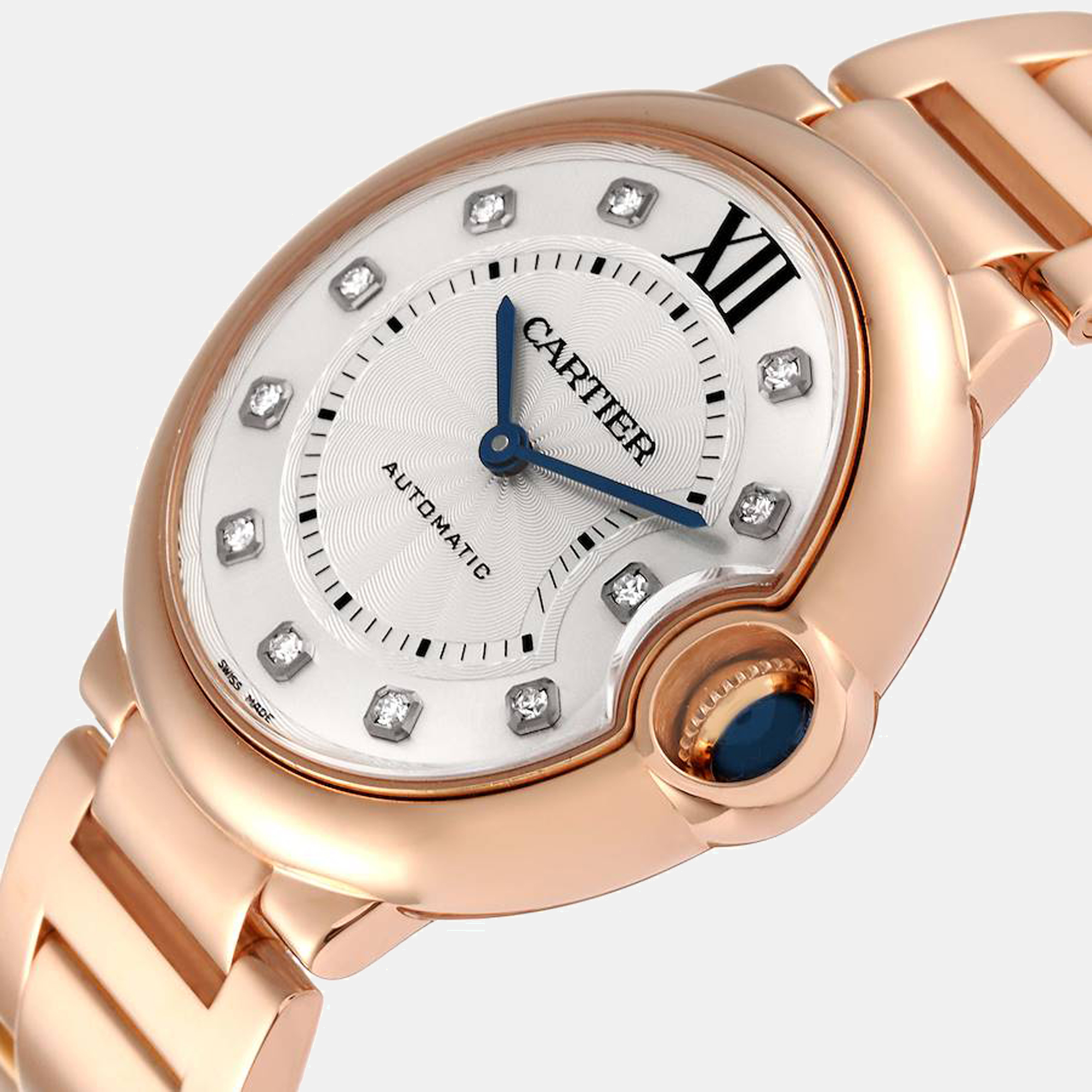 

Cartier Silver Diamonds 18k Rose Gold Ballon Bleu Automatic Women's Wristwatch 36 mm