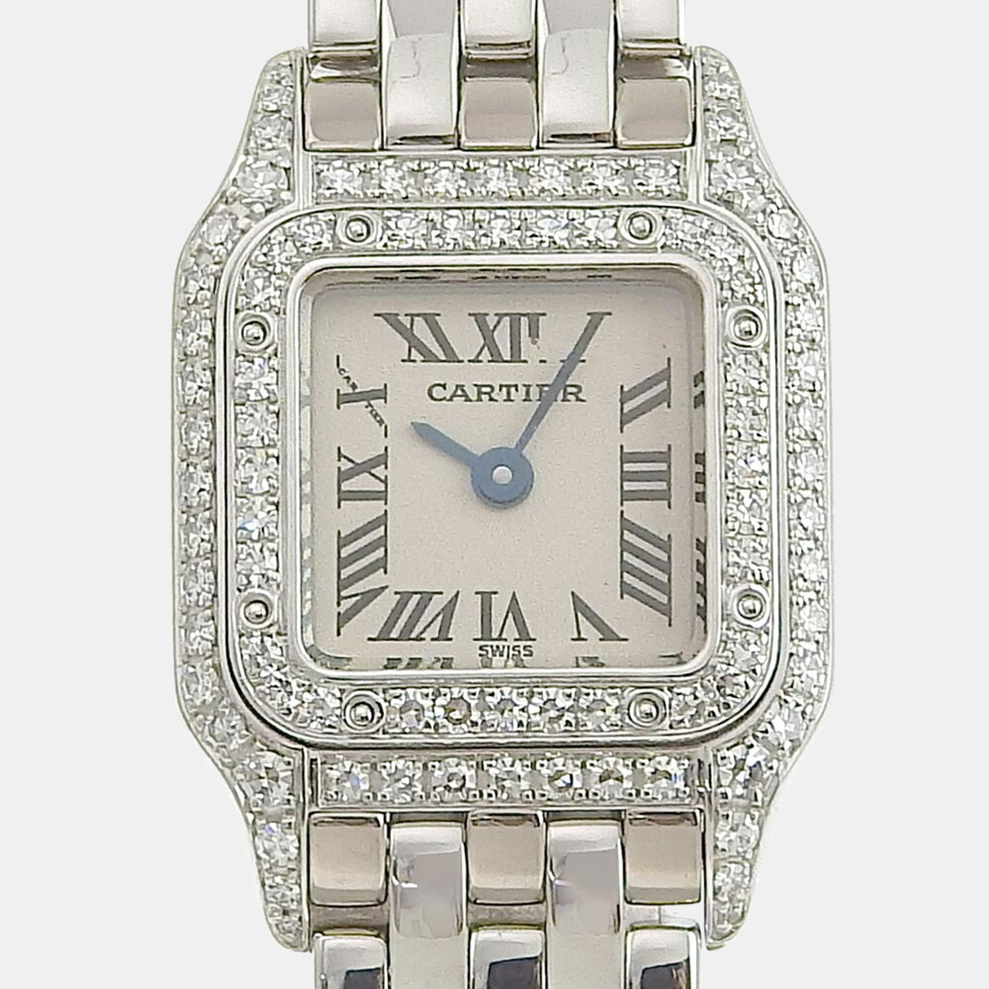 Pre-owned Cartier Silver Diamonds 18k White Gold Panthere Wf3210f3 Women's Wristwatch 17 Mm