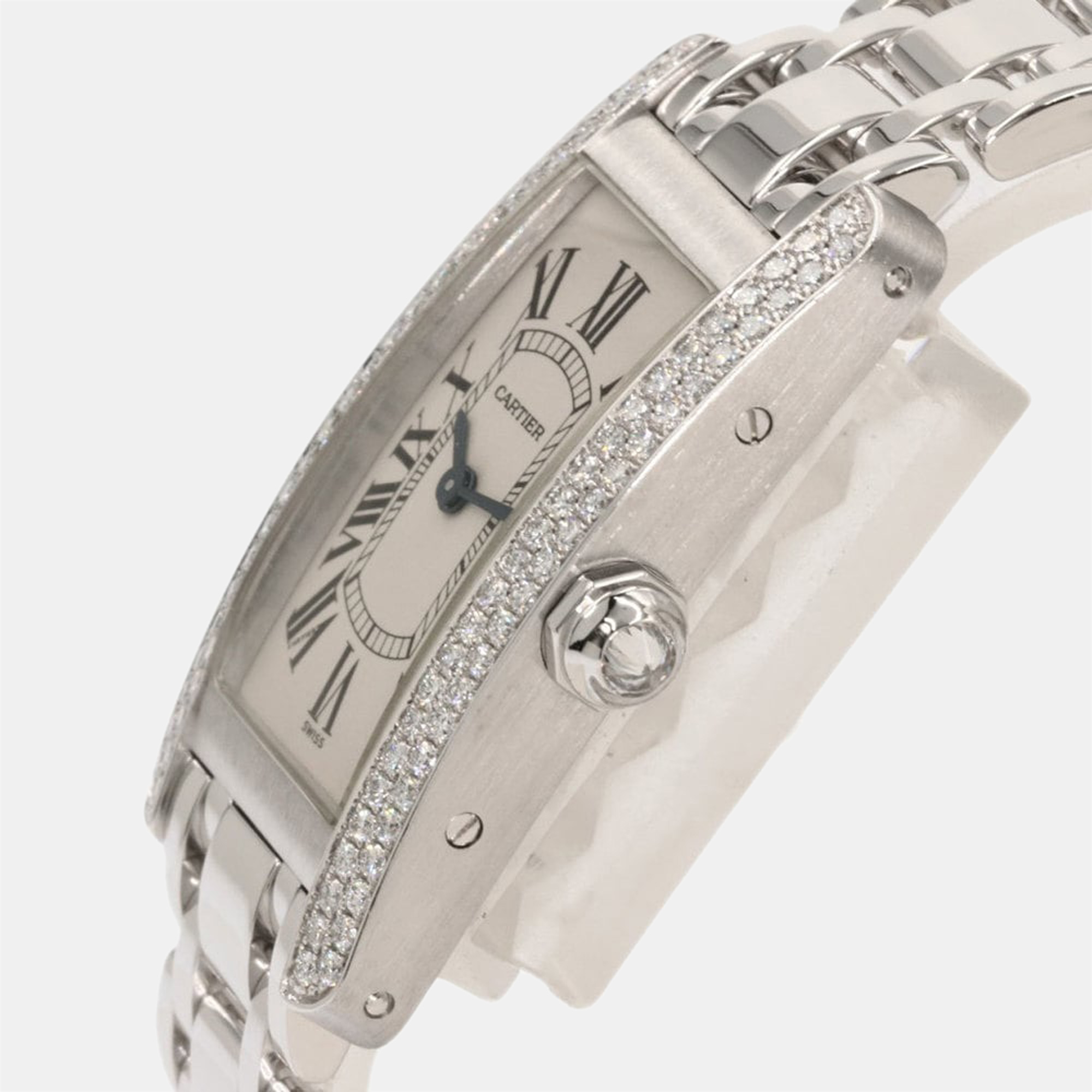 

Cartier Silver Diamonds 18K White Gold Tank Americaine Women's Wristwatch 19 mm