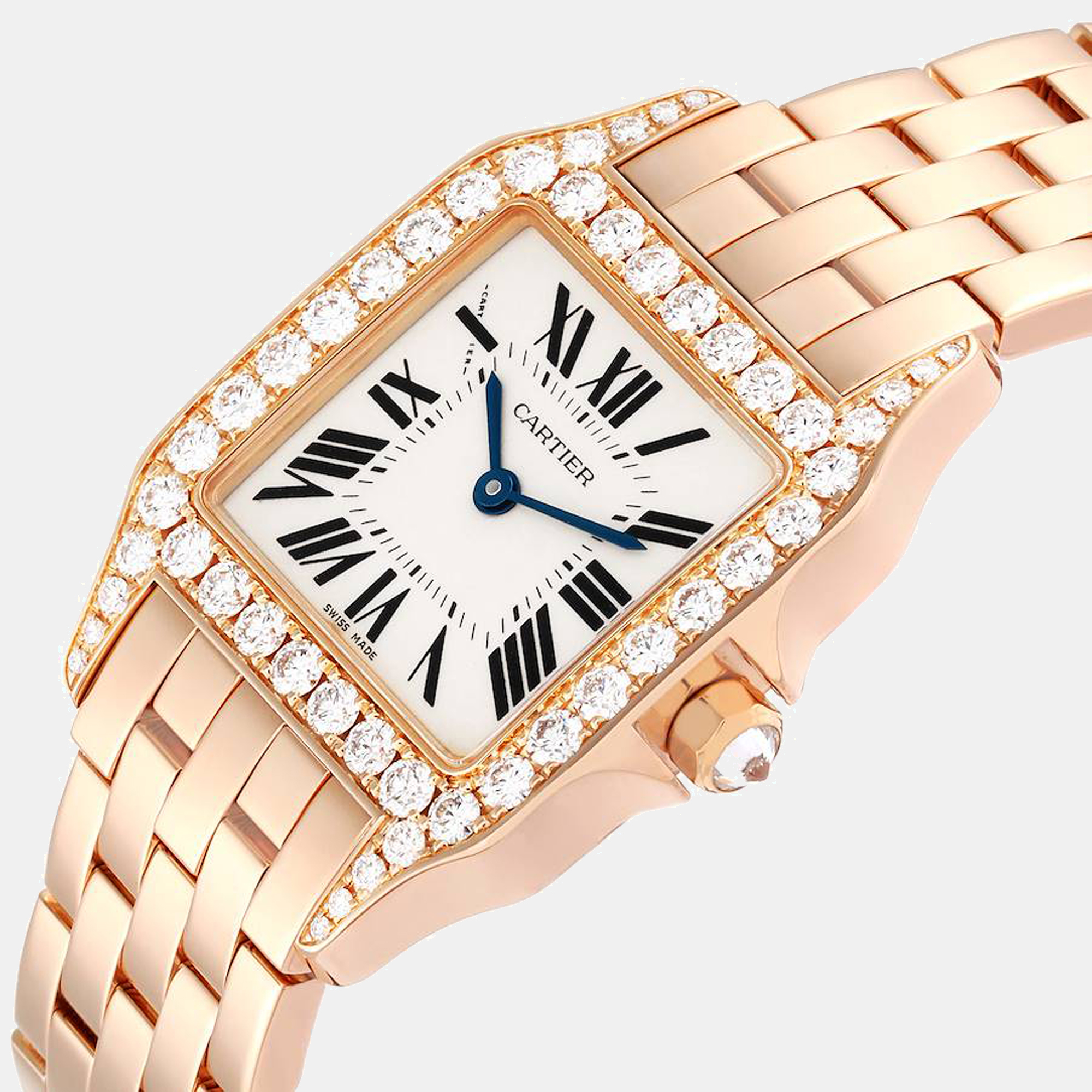 

Cartier Silver Diamonds 18K Rose Gold Santos Demoiselle WF9007Z8 Women's Wristwatch 28 mm