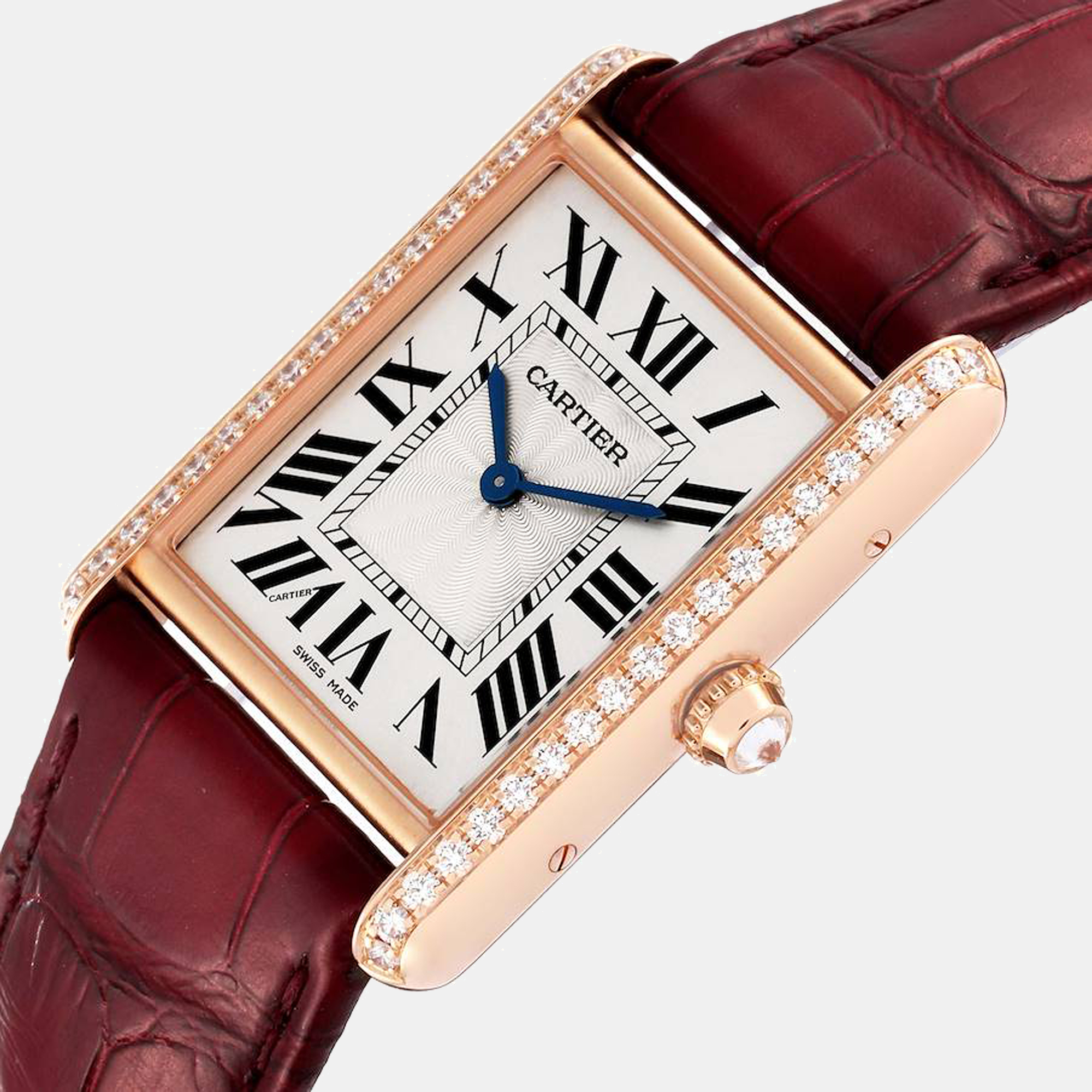 

Cartier Tank Louis Rose Gold Diamond Burgundy Strap Ladies Watch WJTA0014, White