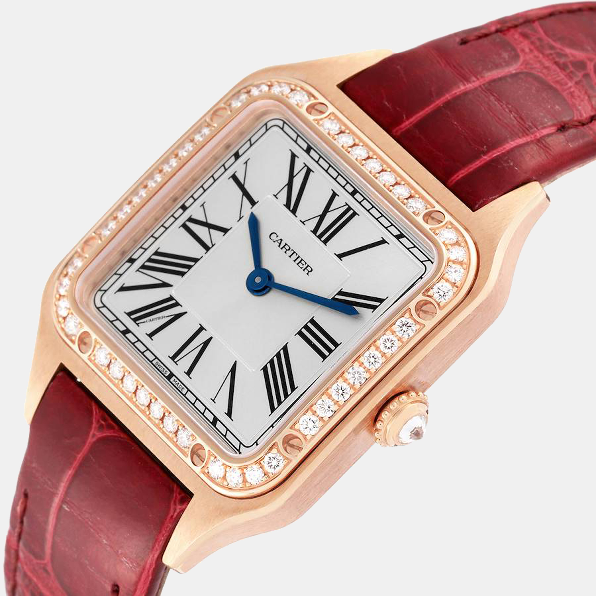 

Cartier Santos Dumont 18k Rose Diamond Bezel Ladies Watch WJSA0017, White