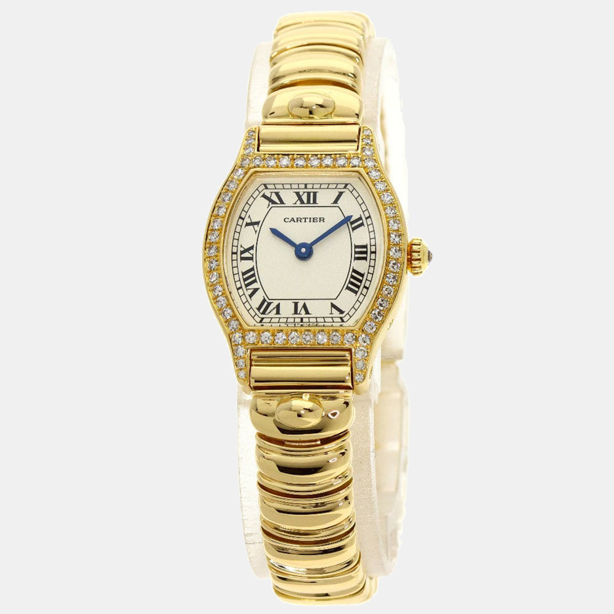 Pre-owned Cartier White Diamonds 18k Yellow Gold Tortue Women's Wristwatch 20.5 Mm
