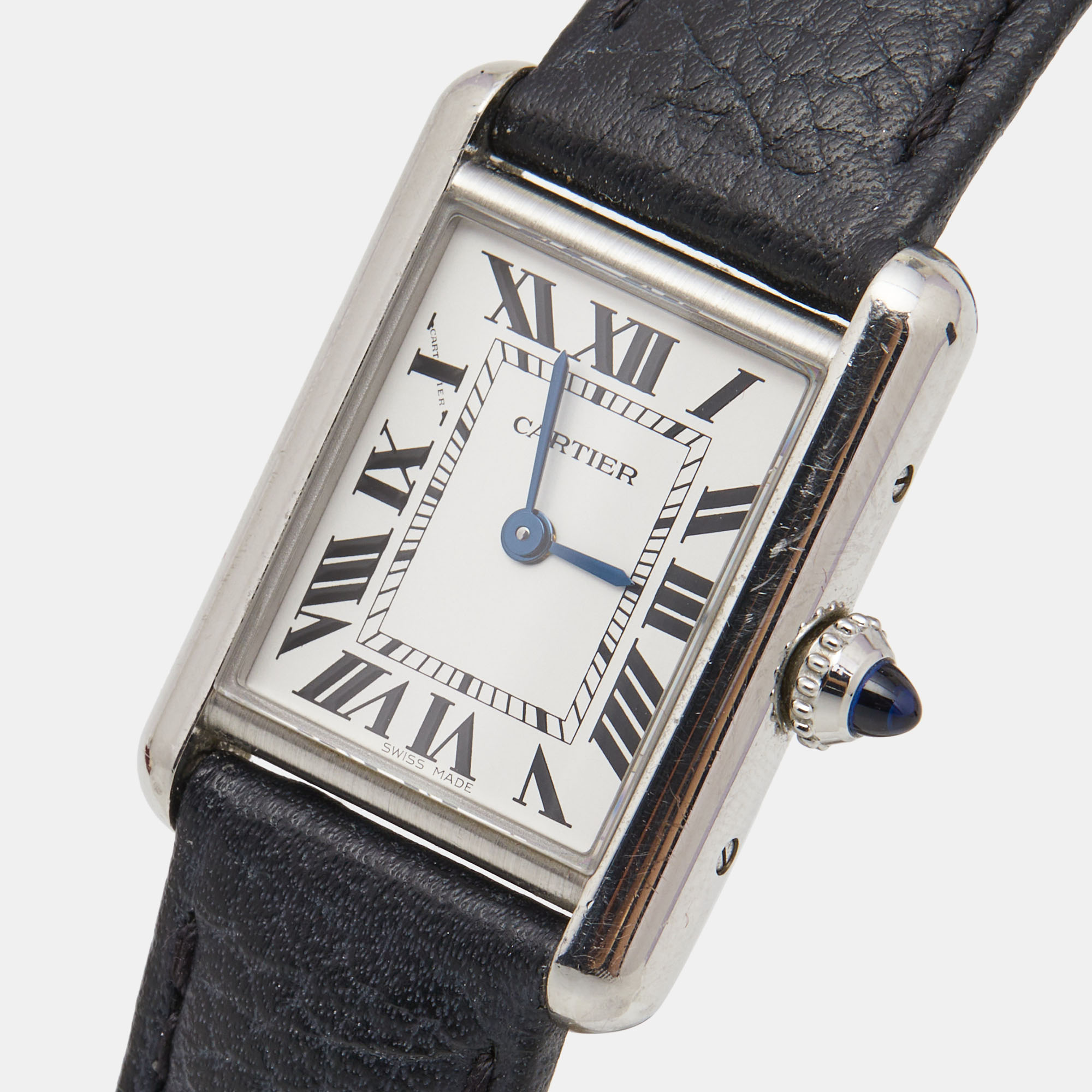 

Cartier Silver Stainless Steel Leather Tank WSTA0042 Women's Wristwatch