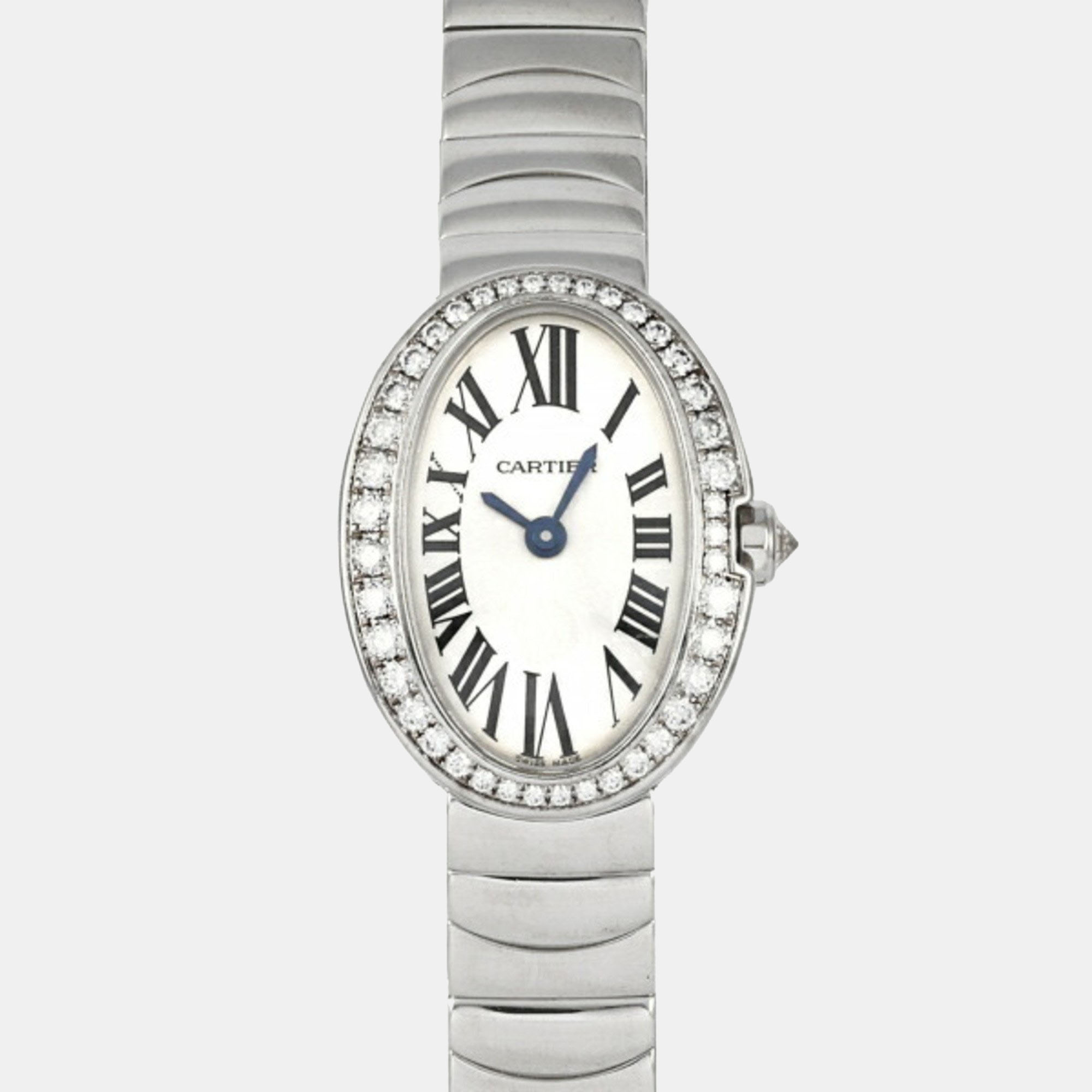 Pre-owned Cartier Silver Diamond 18k White Gold Baignoire Wb520025 Quartz Women's Wristwatch 20 Mm