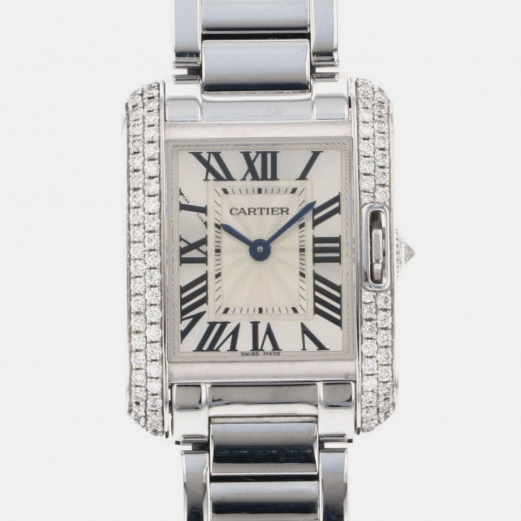 Pre-owned Cartier Silver Diamond 18k White Gold Tank Anglaise Wt100008 Quartz Women's Wristwatch 23 Mm