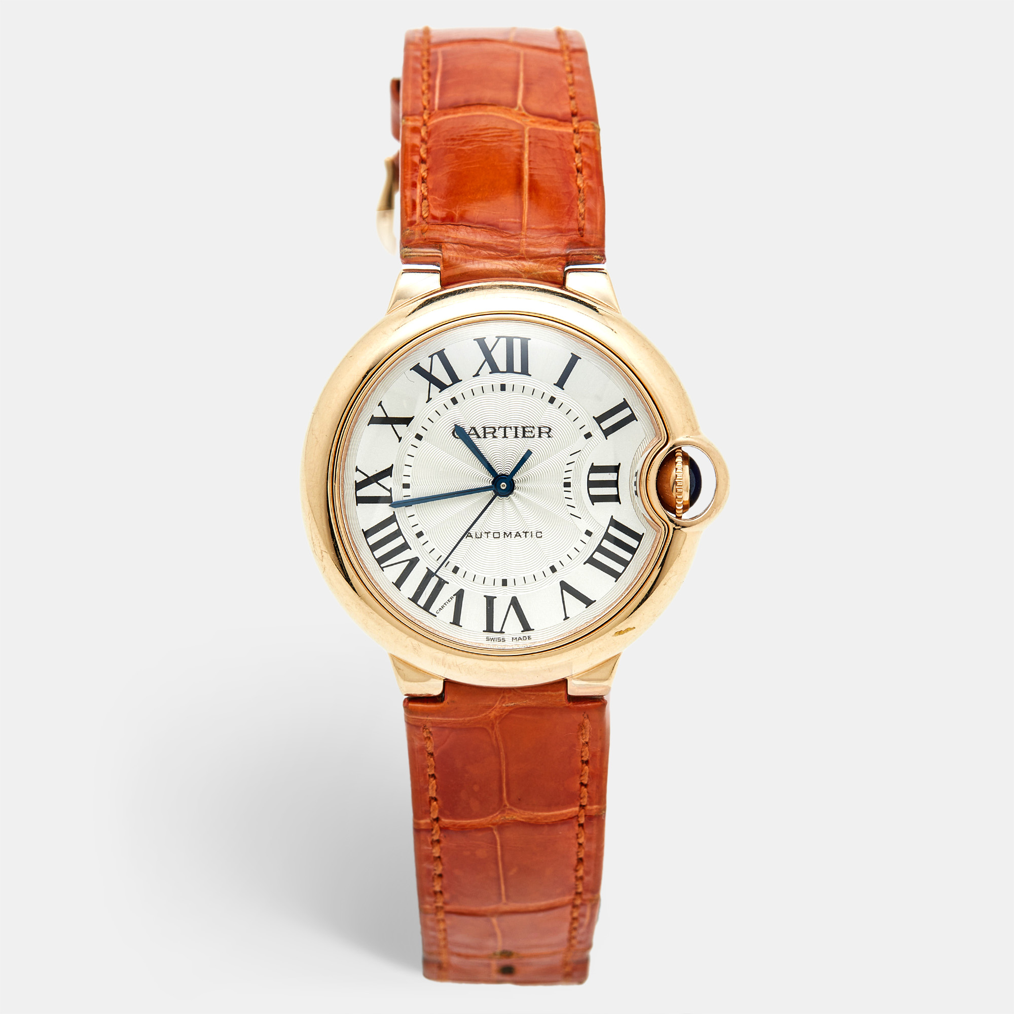 Pre-owned Cartier Silver 18k Rose Gold Alligator Leather Ballon Bleu 3003 Women's Wristwatch 36 Mm In Orange