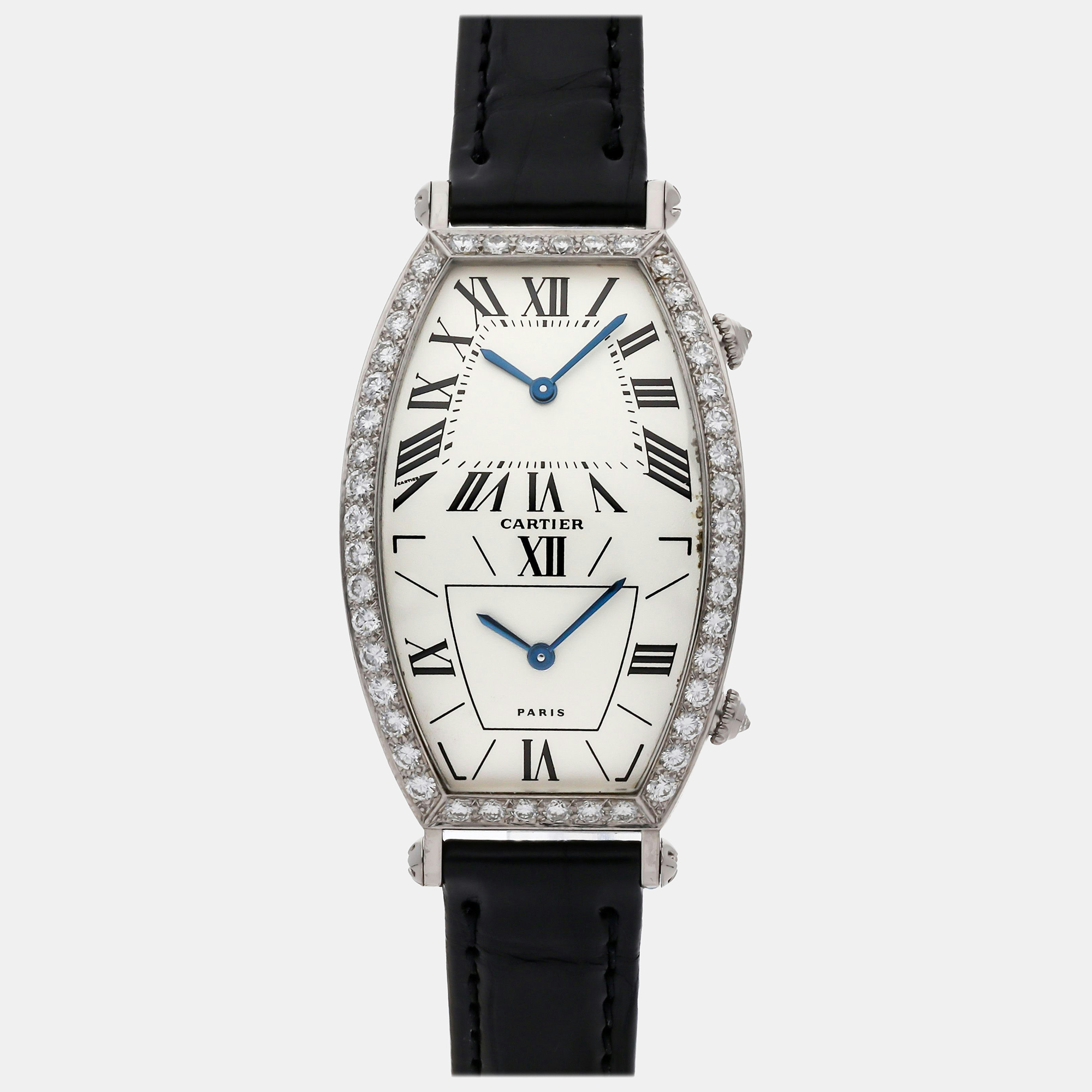 Pre-owned Cartier Silver Diamond 18k White Gold Tonneau Wa503351 Quartz Women's Wristwatch 26 Mm