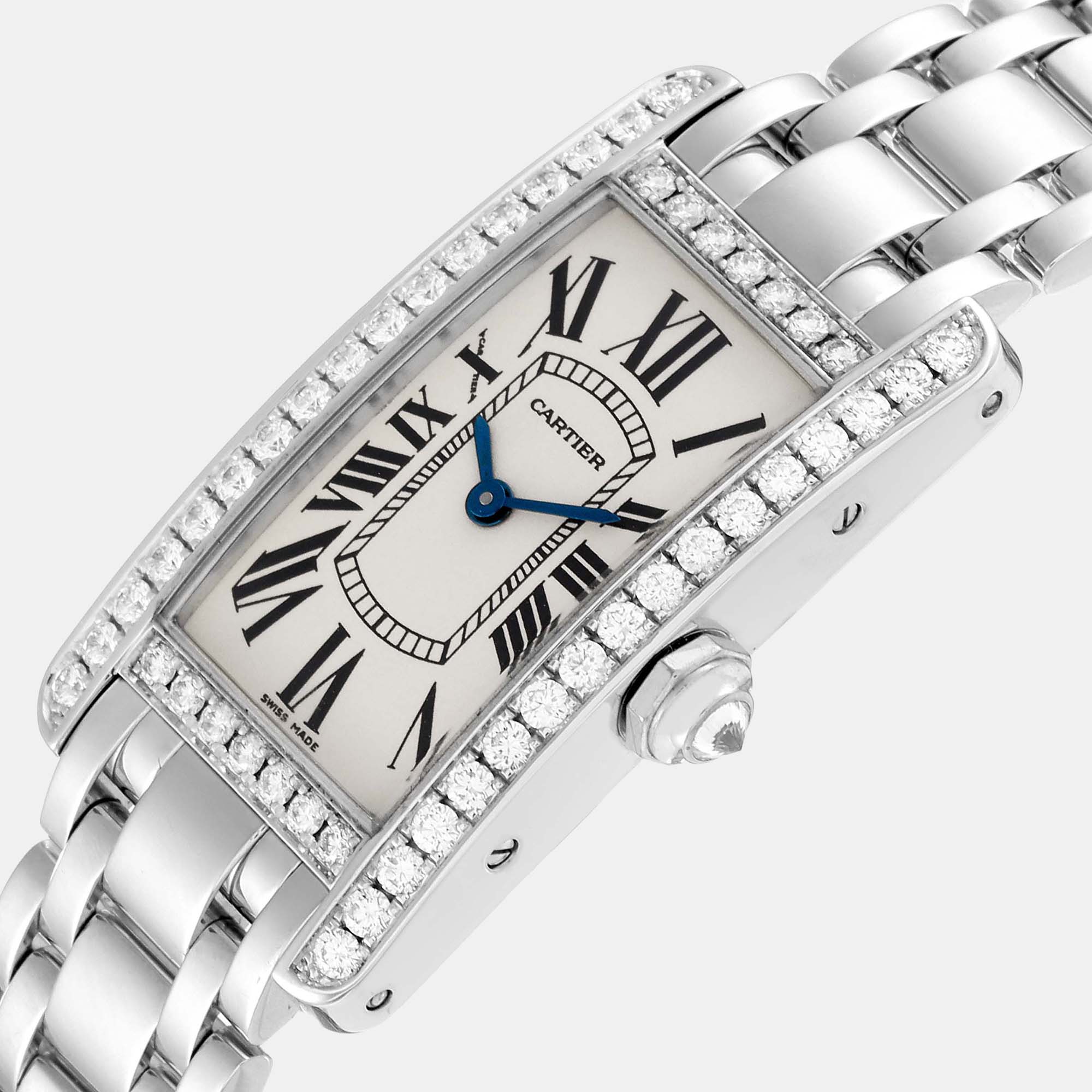 

Cartier Tank Americaine White Gold Diamond Ladies Watch WB7073L1 19 x 35 mm, Silver